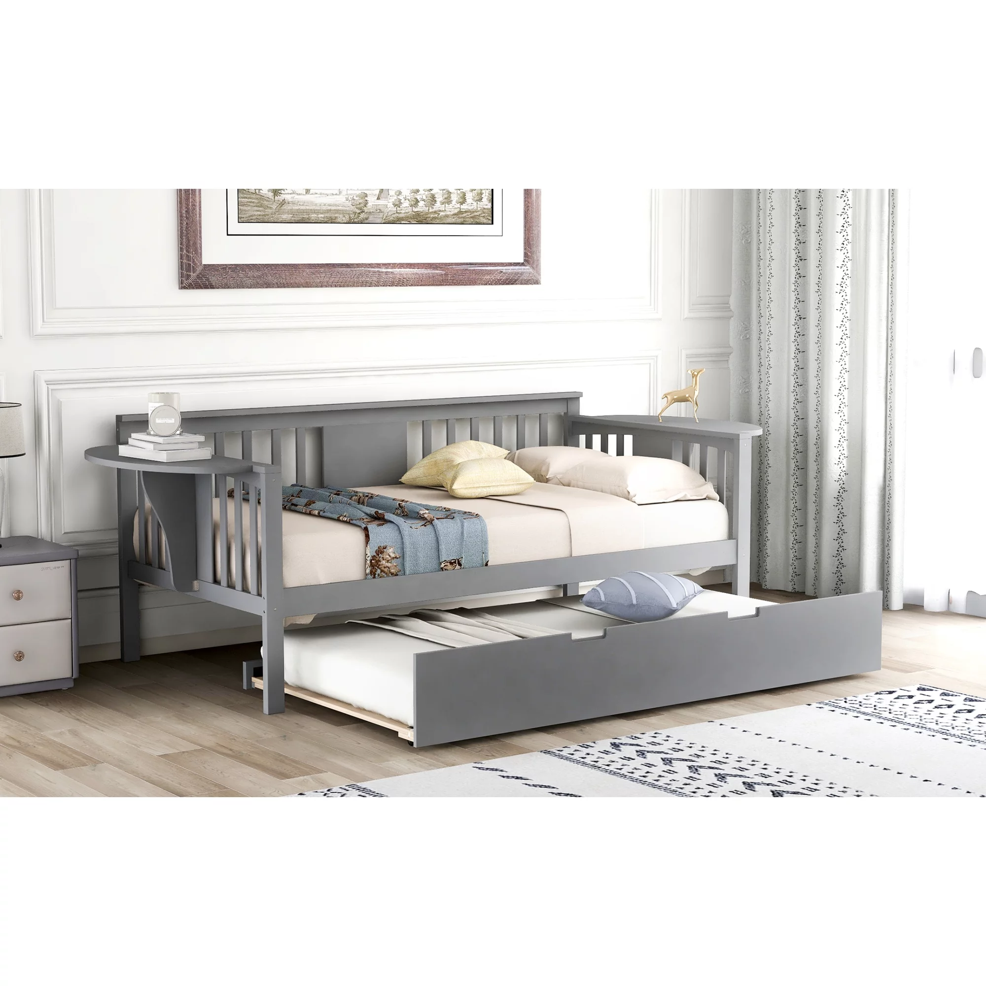 Dawn Whisper Twin Wooden Daybed with Trundle Bed, Sofa Bed for Bedroom Living Room, Gray
