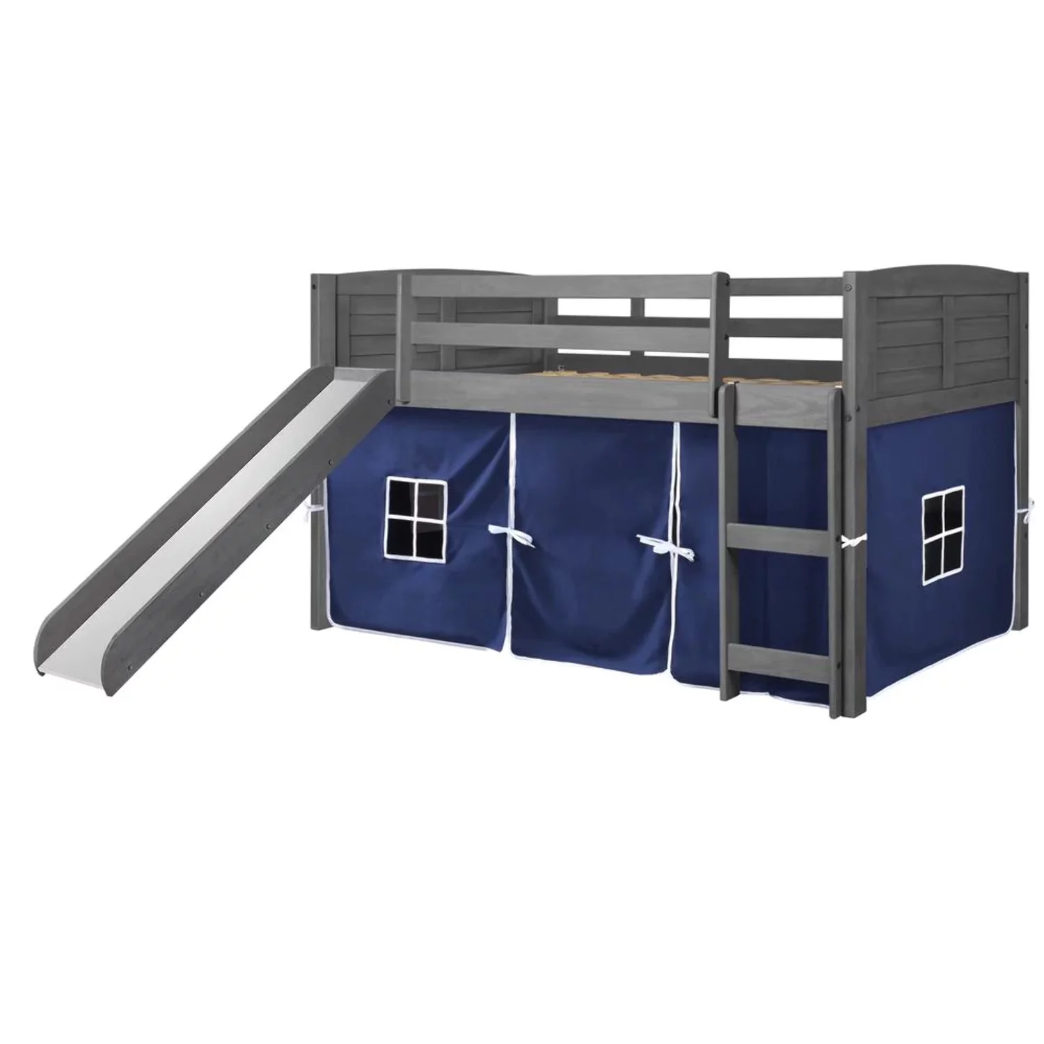 Donco PD-790AAG-B-785AG Twin Size Louver Low Loft with Slide & Blue Tent in Antique Grey