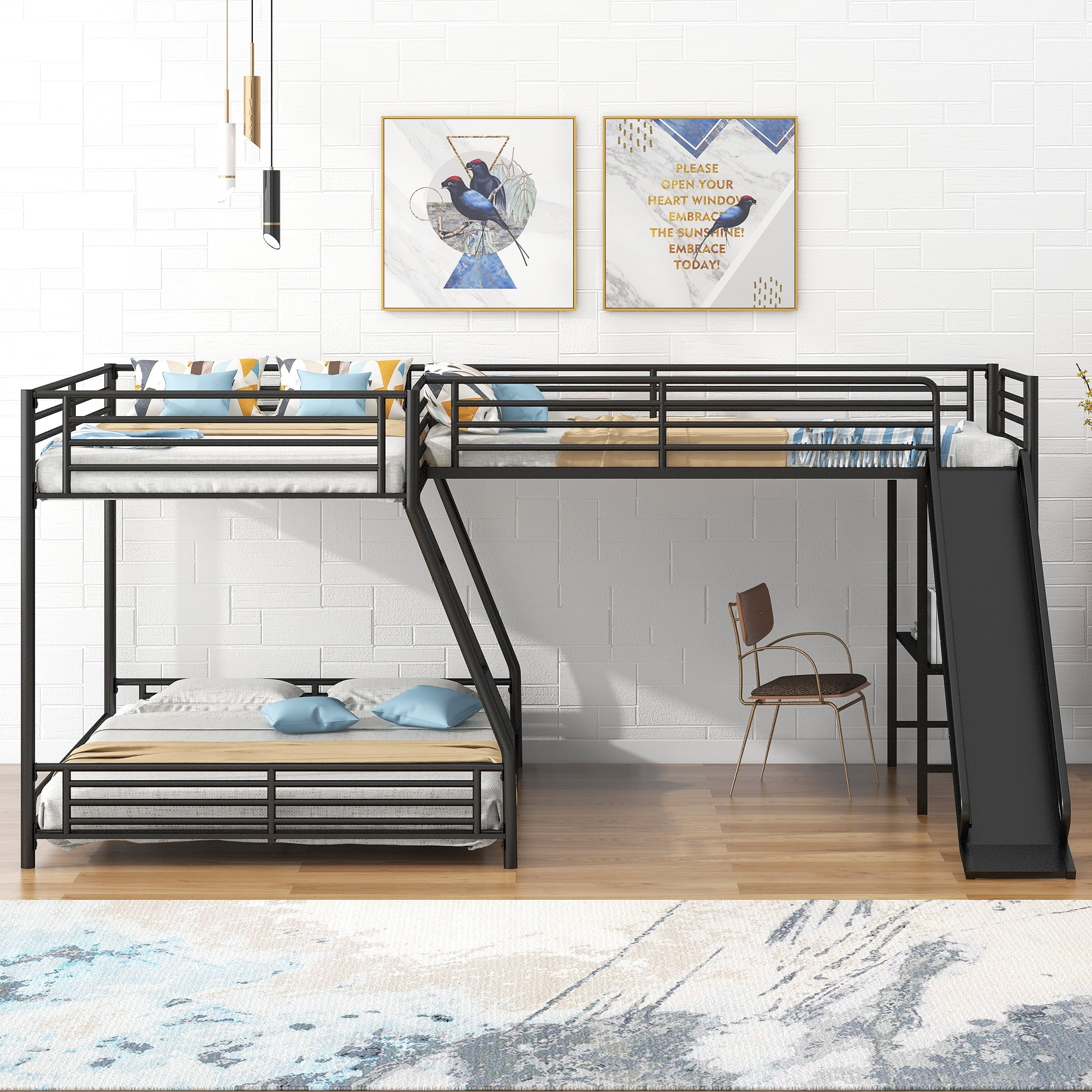 Euroco Metal L-Shaped Twin over Full Bunk and Twin Loft Bed with Desk and Slide for Kids Teens Adults, 3 Beds in 1, Black