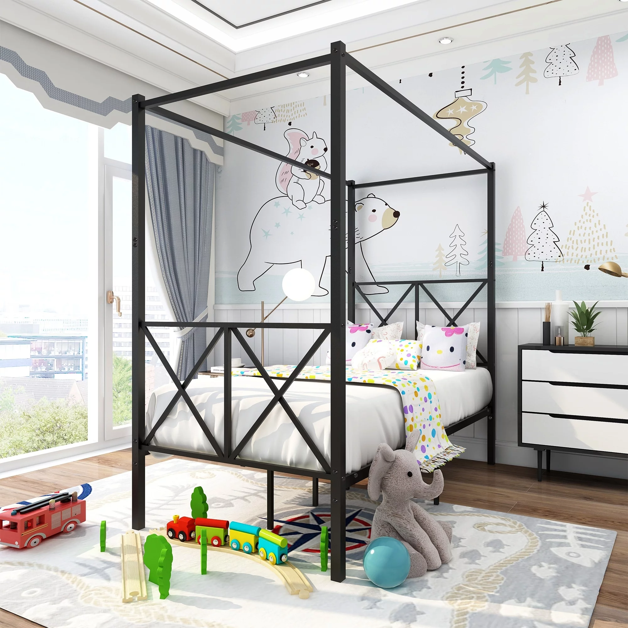 Metal Canopy Bed Frame Platform with X Shaped Full