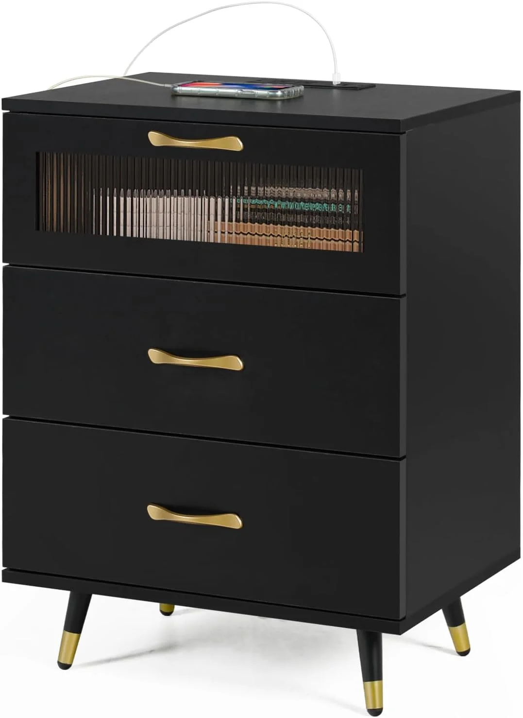 Black Accent Nightstand with USB Charge Modern 3 Drawer Nightstand Bedroom Dresser Bedside Cabinet Furniture Night Stand Perfect for Home, Bedroom Living Room Accessories Black