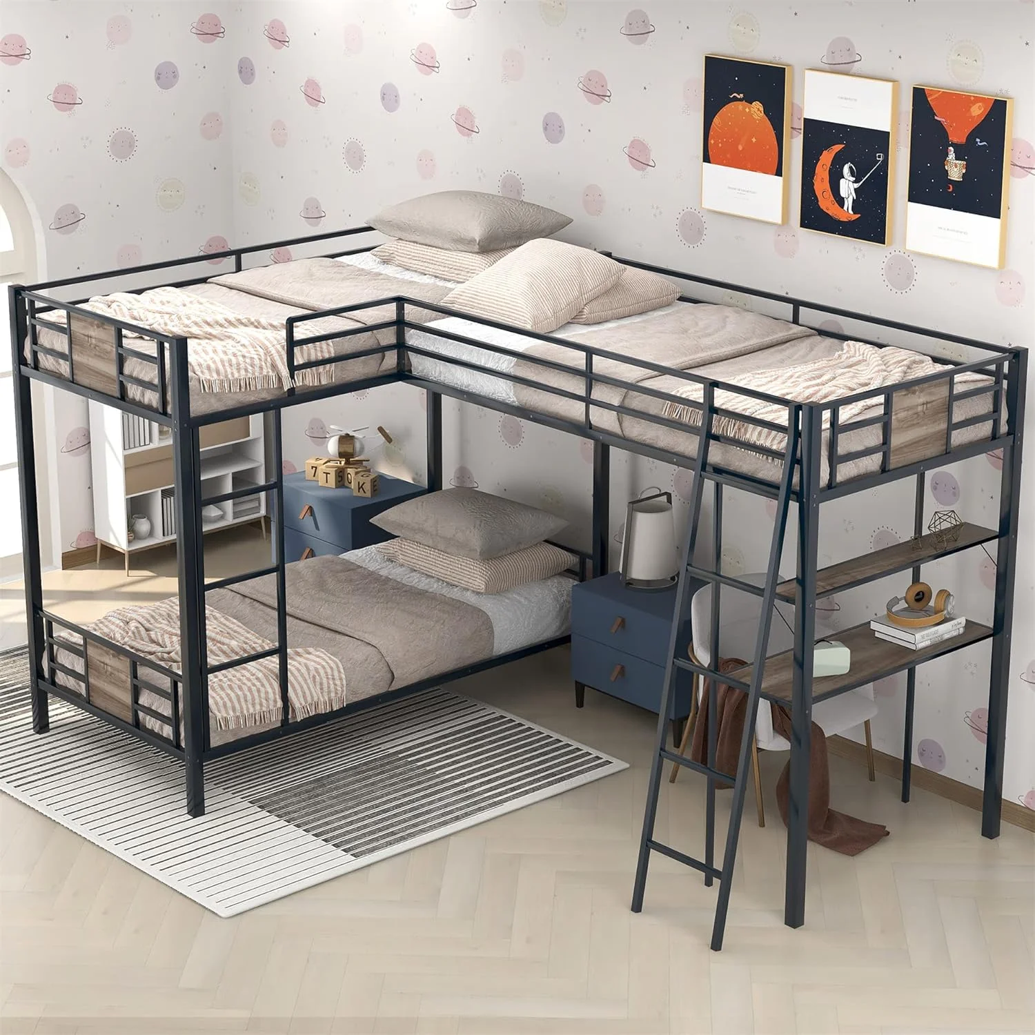 Metal Triple Buk Bed With Desk, L-Shape Buk Bed Ad High Loft Bed With Storage Shelves, 3 Buk Beds For Kids Tees Boys & Girls (3 Beds I 1, Brow)