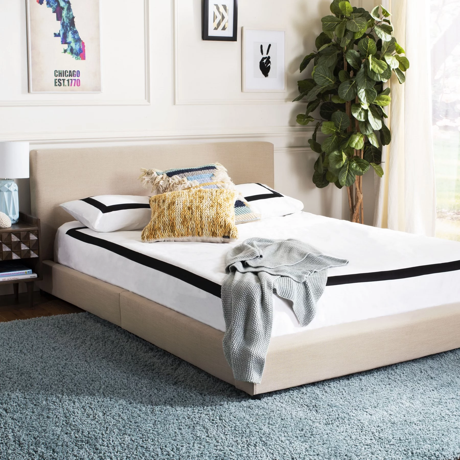 SAFAVIEH Carter Elegant Glam Upholstered Bed Frame, Queen, Beige