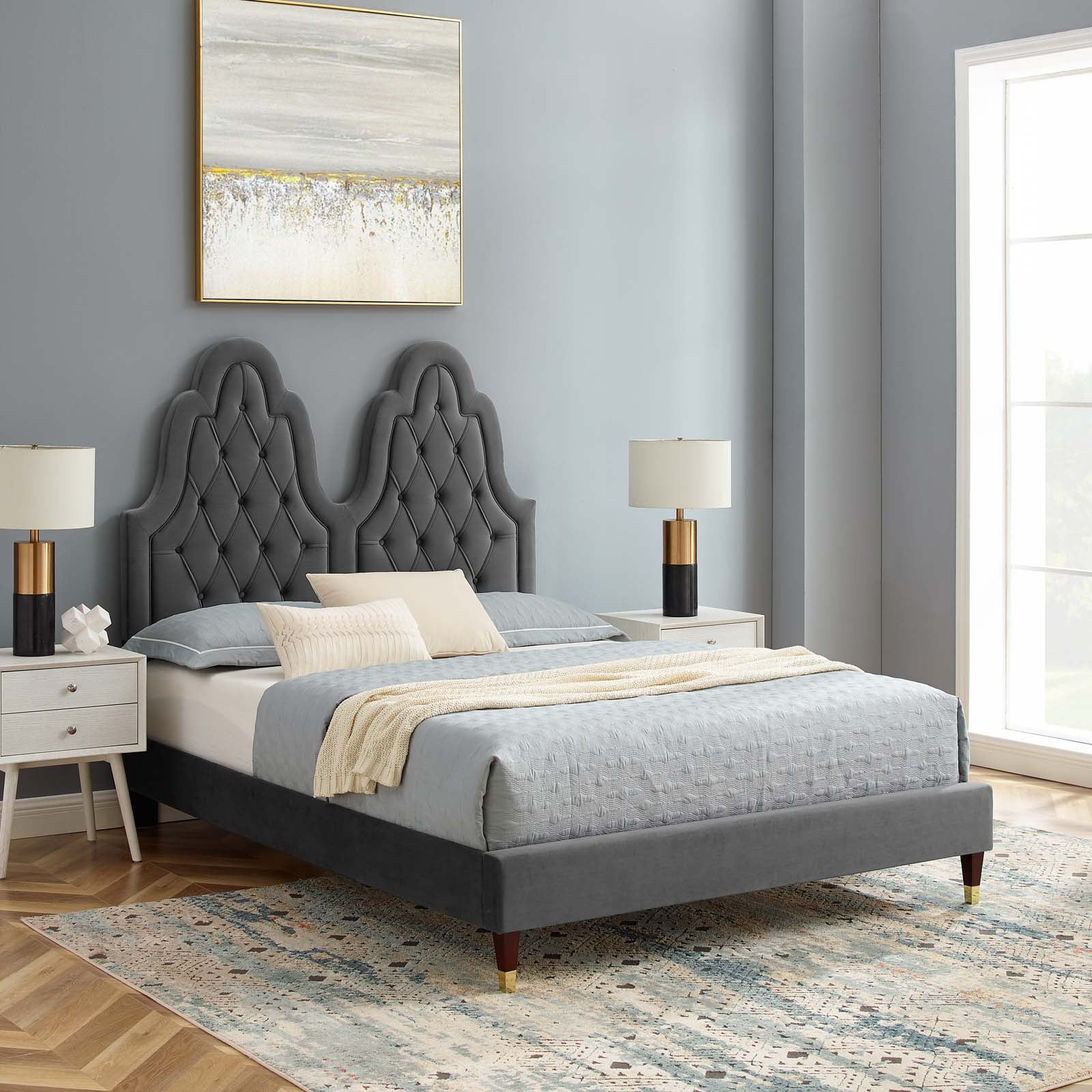 Modway Alexandria Tufted Performance Velvet King Platform Bed in Charcoal