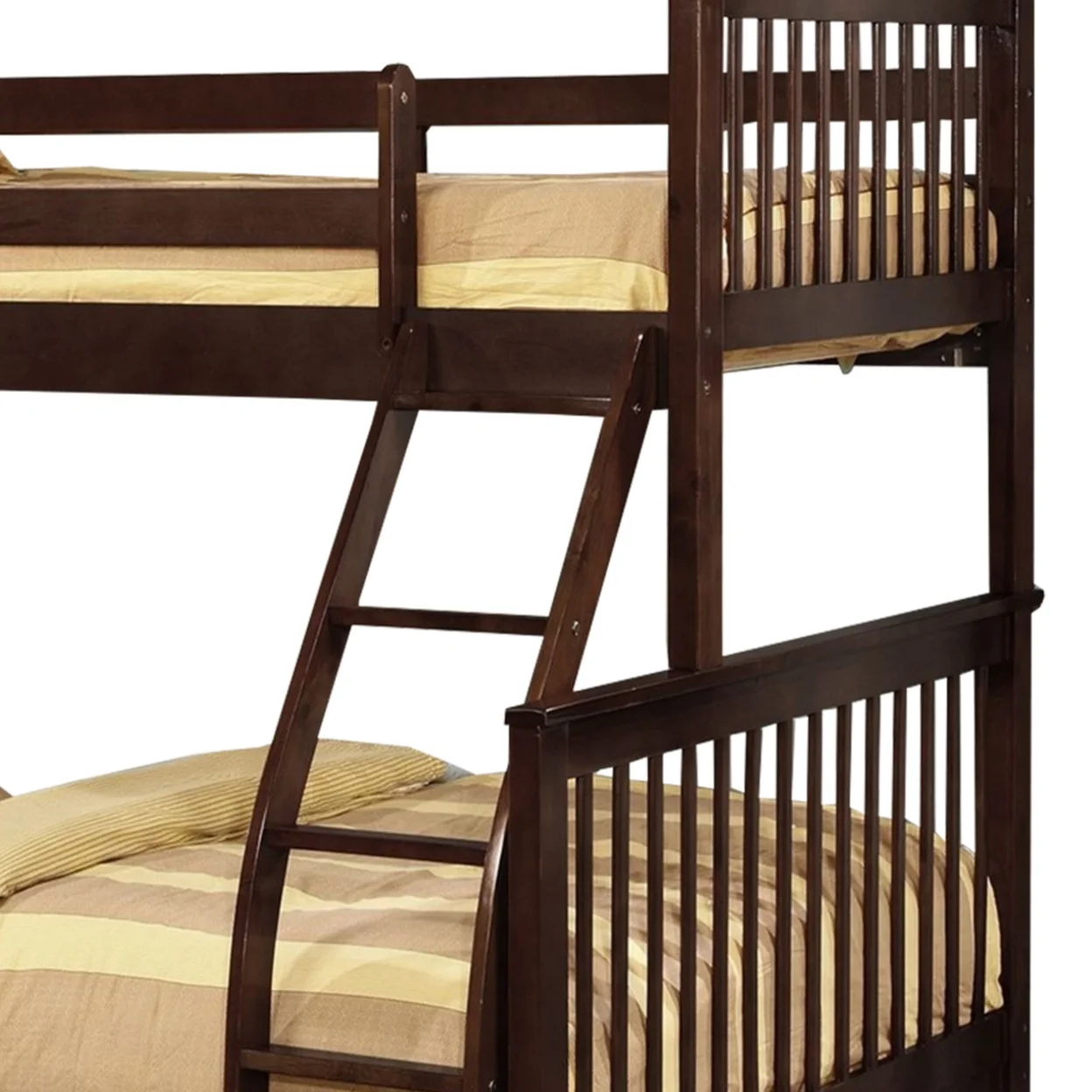Mission Style Twin Over Full Bunk Bed with Attached Trundle, Dark Brown- Saltoro Sherpi