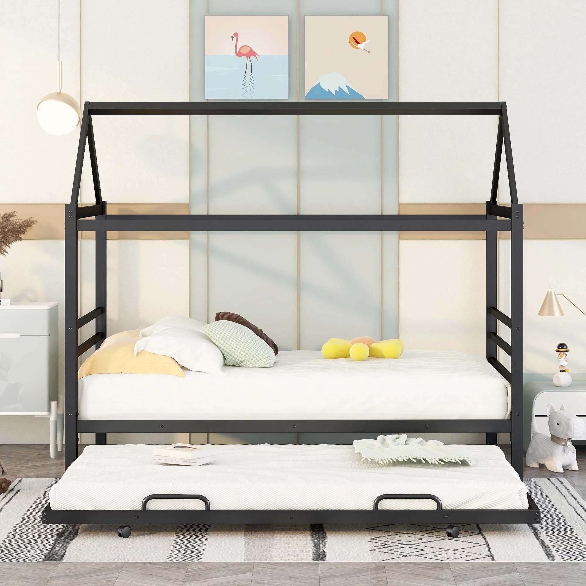 EUROCO Twin Metal House Platform Bed with Trundle for Child, Solid Metal Frame, No Box Spring Needed, Black
