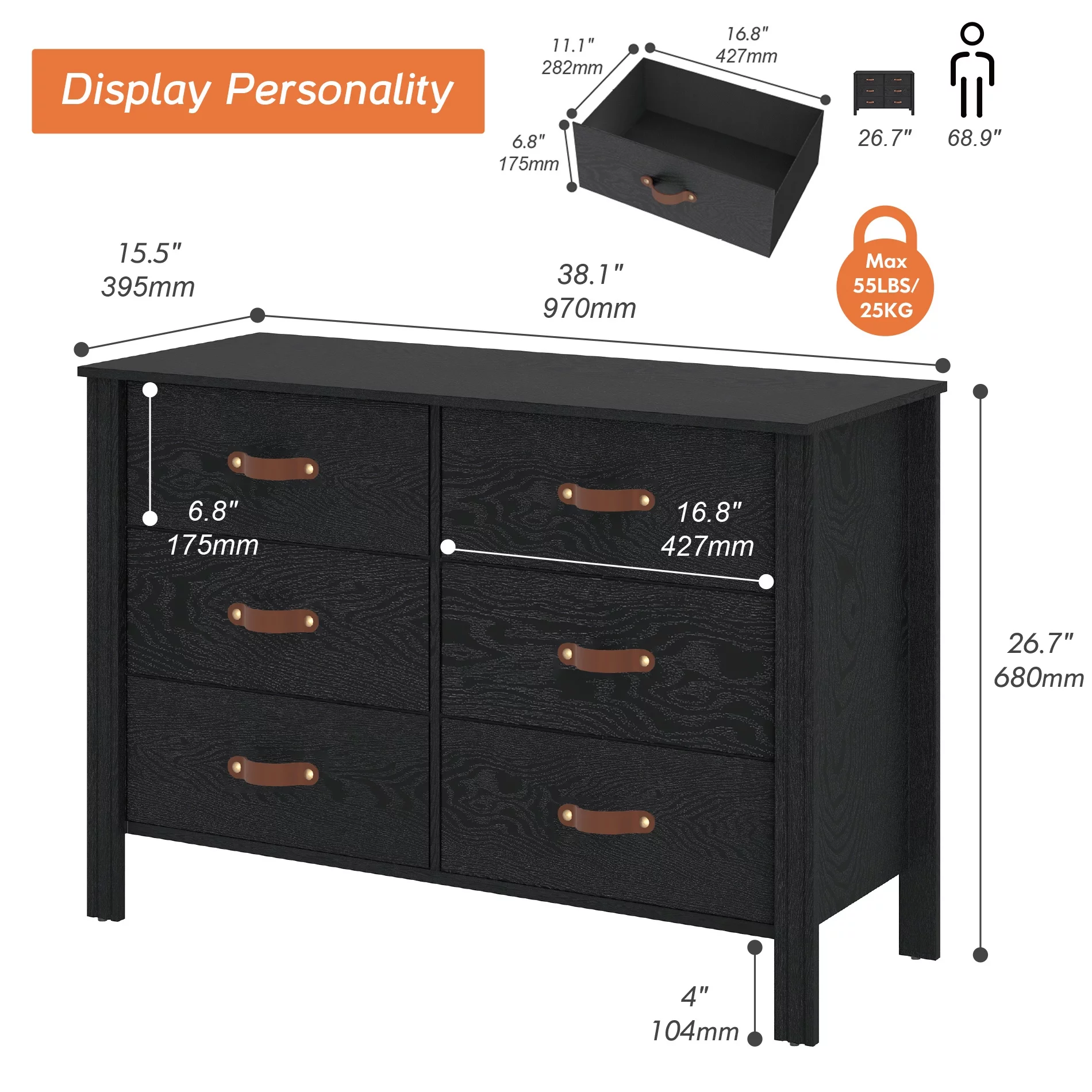 Dresser for Bedroom, Wood Dresser with 6 Drawers, Storage Cabinet for Living Room, Hallway, Black