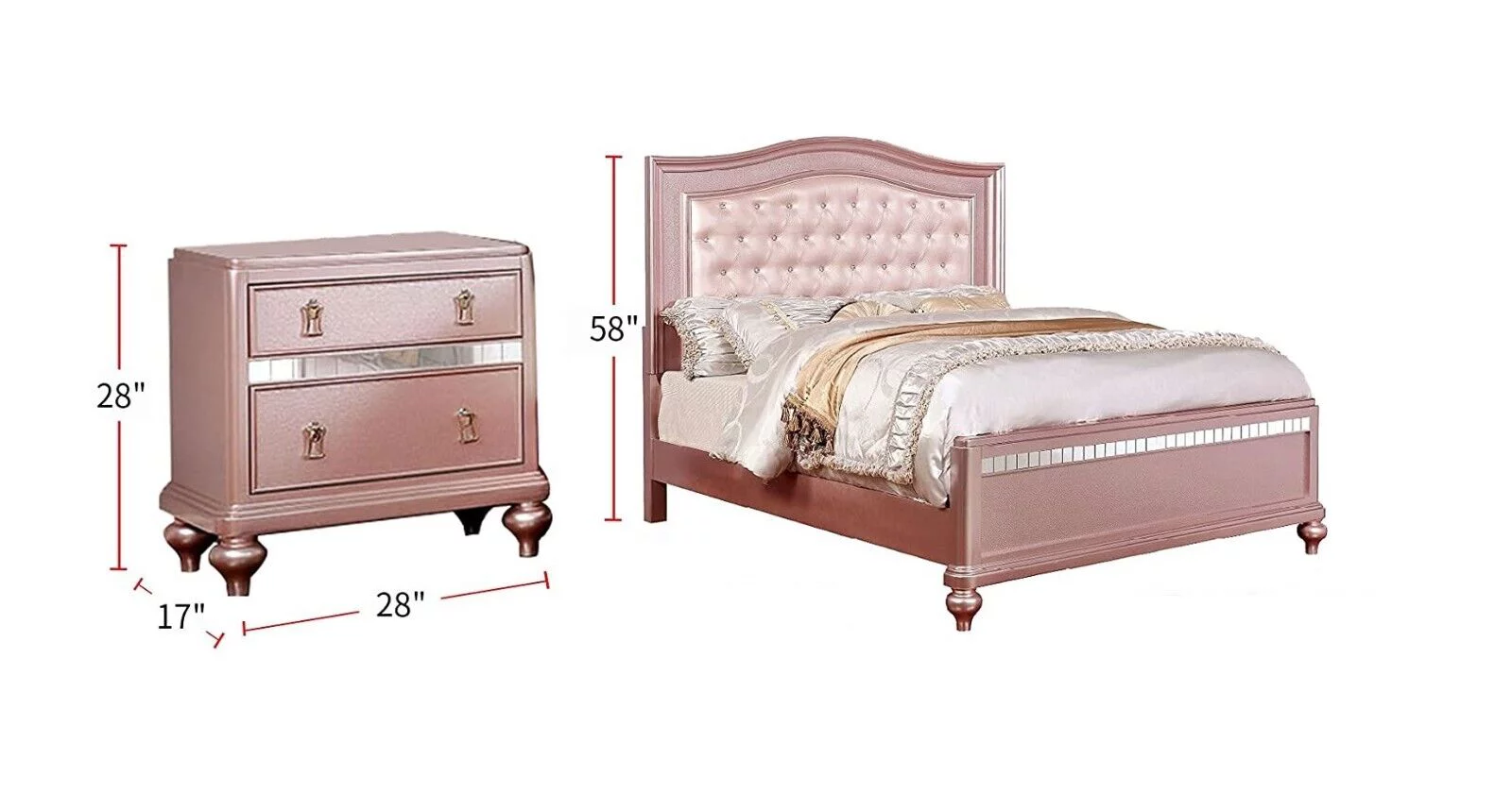 Full Size Bed And 2x Nightstands 3pc Set Bedroom Furniture Acrylic Buttons Tufted Pale Pink Leatherette HB Rose Gold