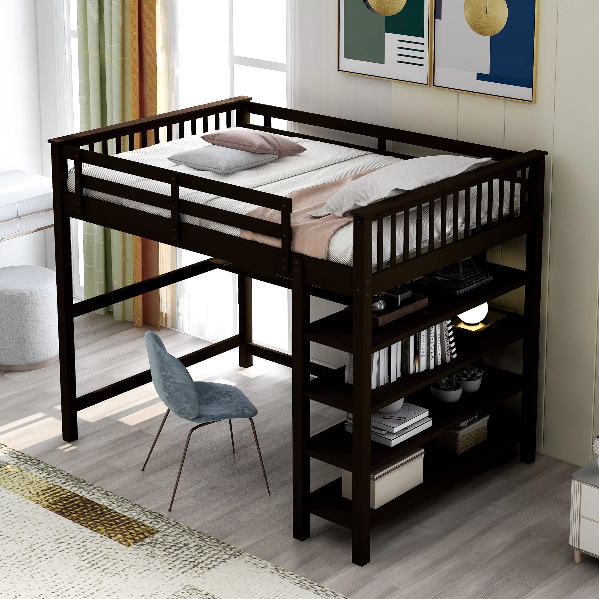 Euroco Wood Full Loft Bed with Desk & Shelves, Brown