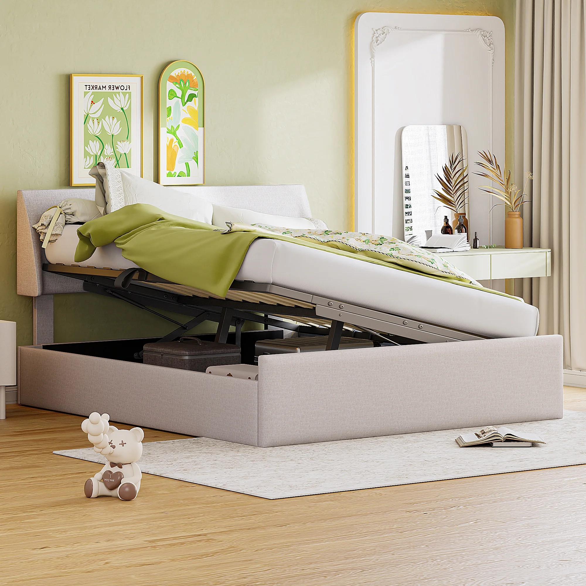 Full Size Sleigh Bed with Side-Tilt Hydraulic Storage System and Elegant Linen Upholstery in Beige