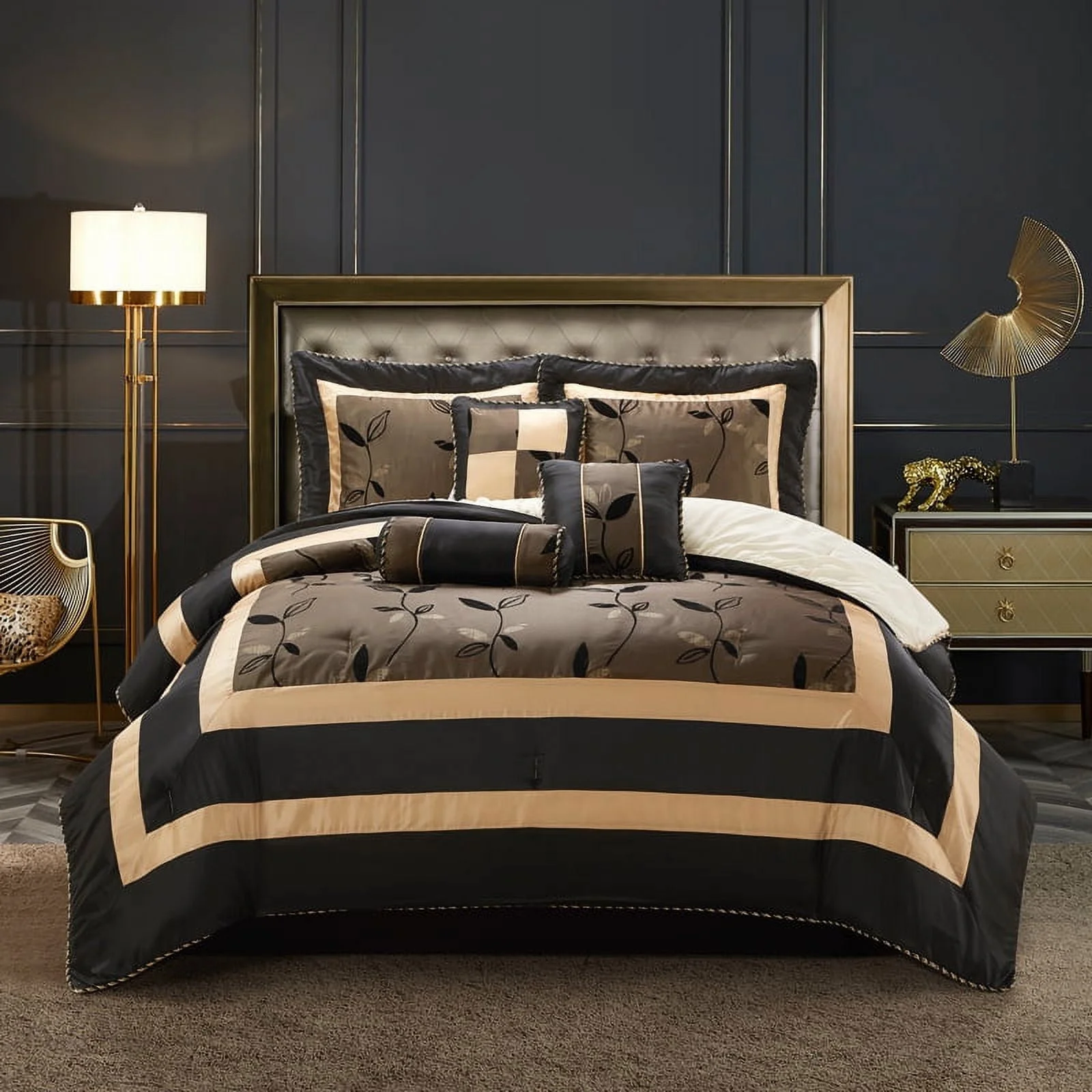 Lanco Arielle Classic Floral 7-Piece Bedroom Bedding Comforter Set, Bronze/Brown Black Beige, Bed Size Queen, 100% Polyester Fill