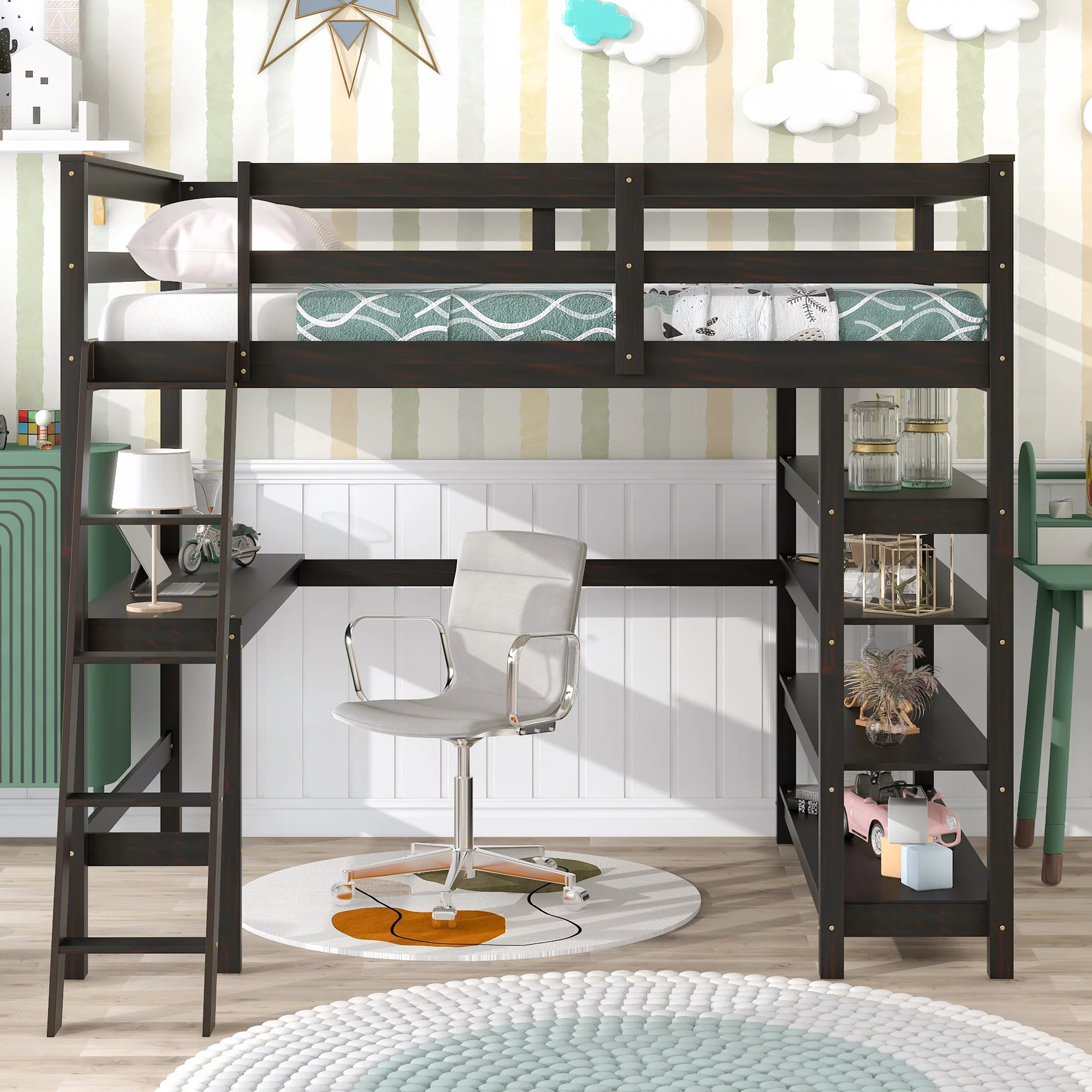 Dcenta Loft Bed Full with desk,ladder,shelves , Espresso for bedroom