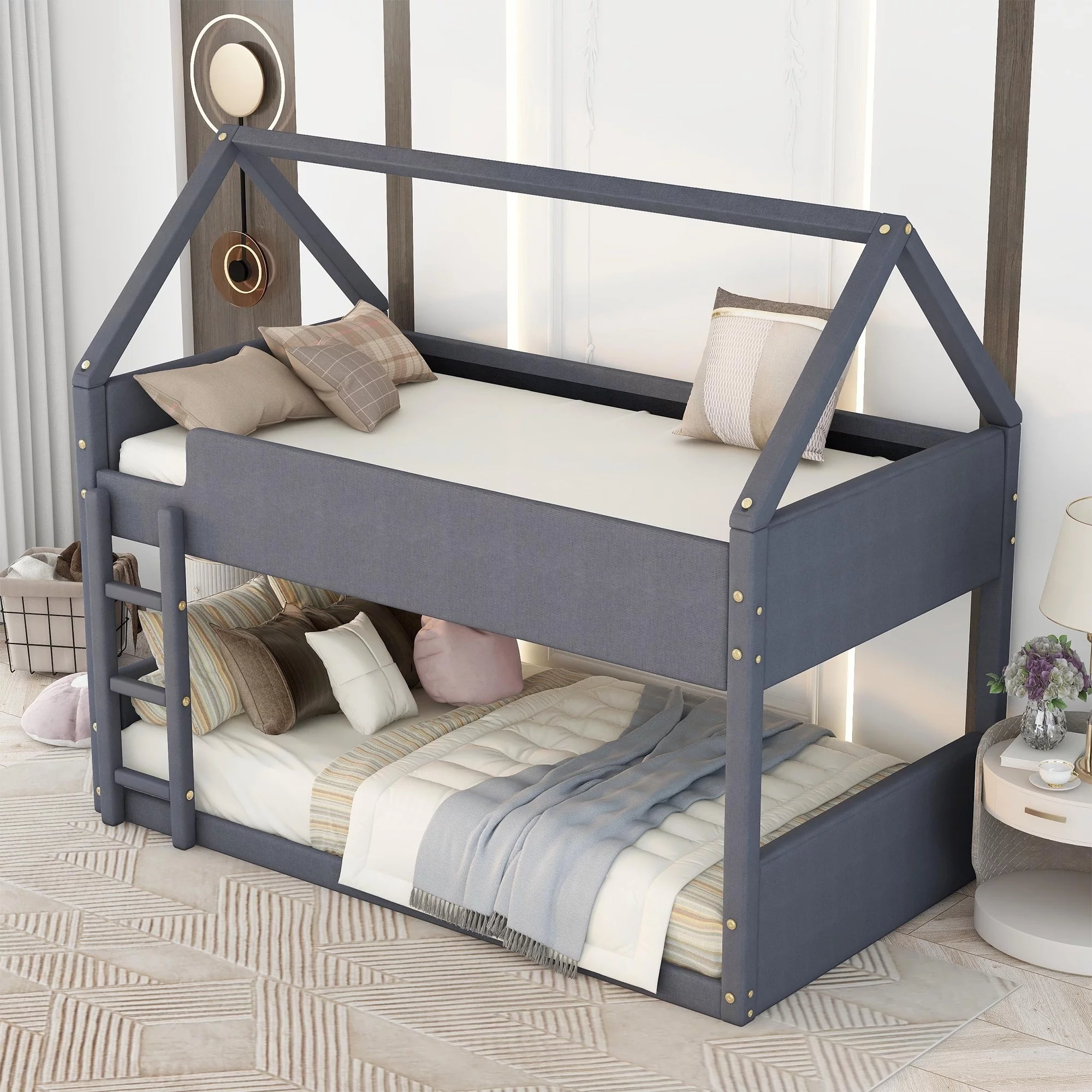 Twin Size Upholstery House Bunk Bed with Headboard and Footboard,Grey