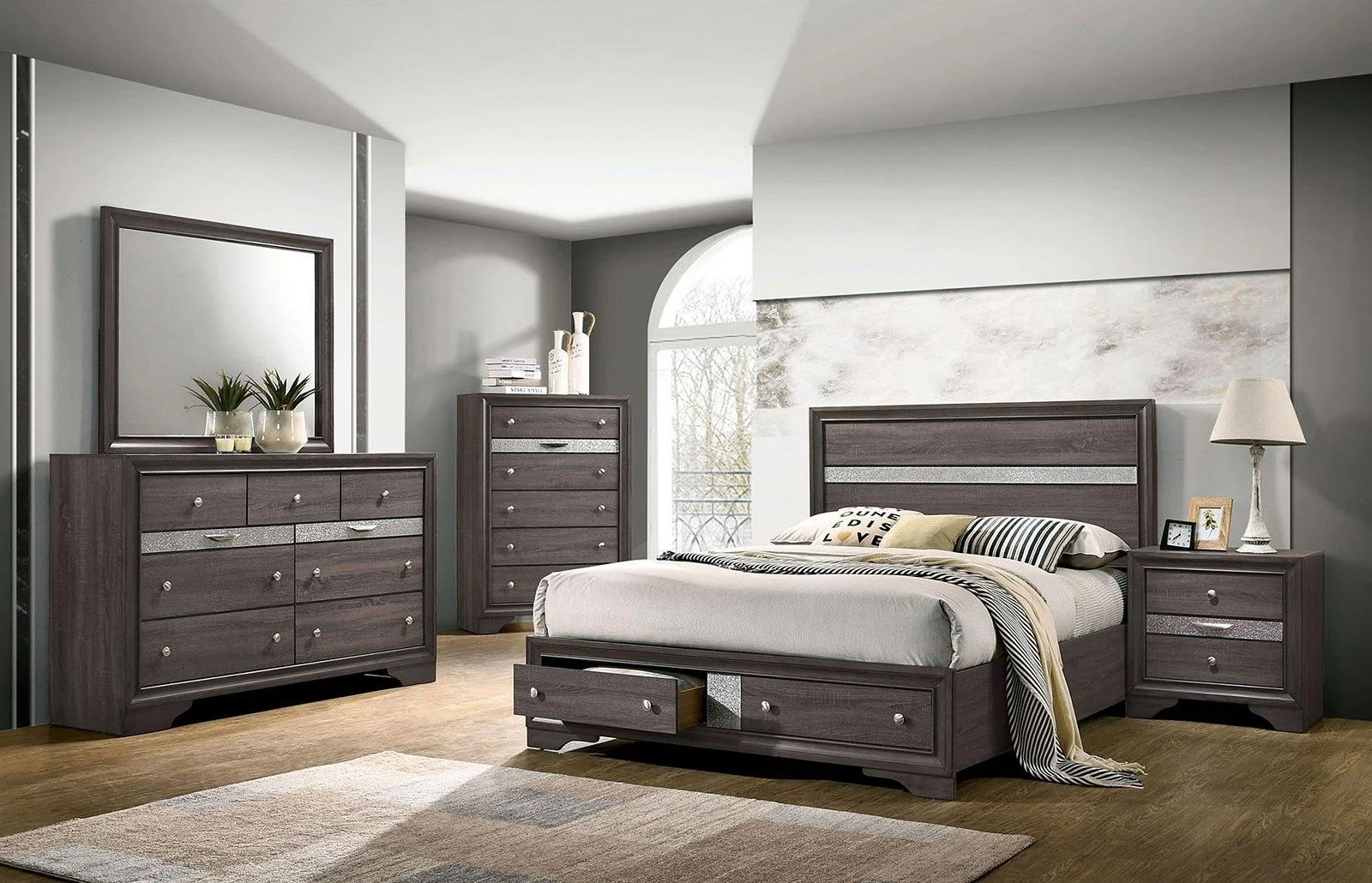 Contemporary Gray Solid Wood Queen Bedroom Set 5pcs FOA CM7552GY Chrissy