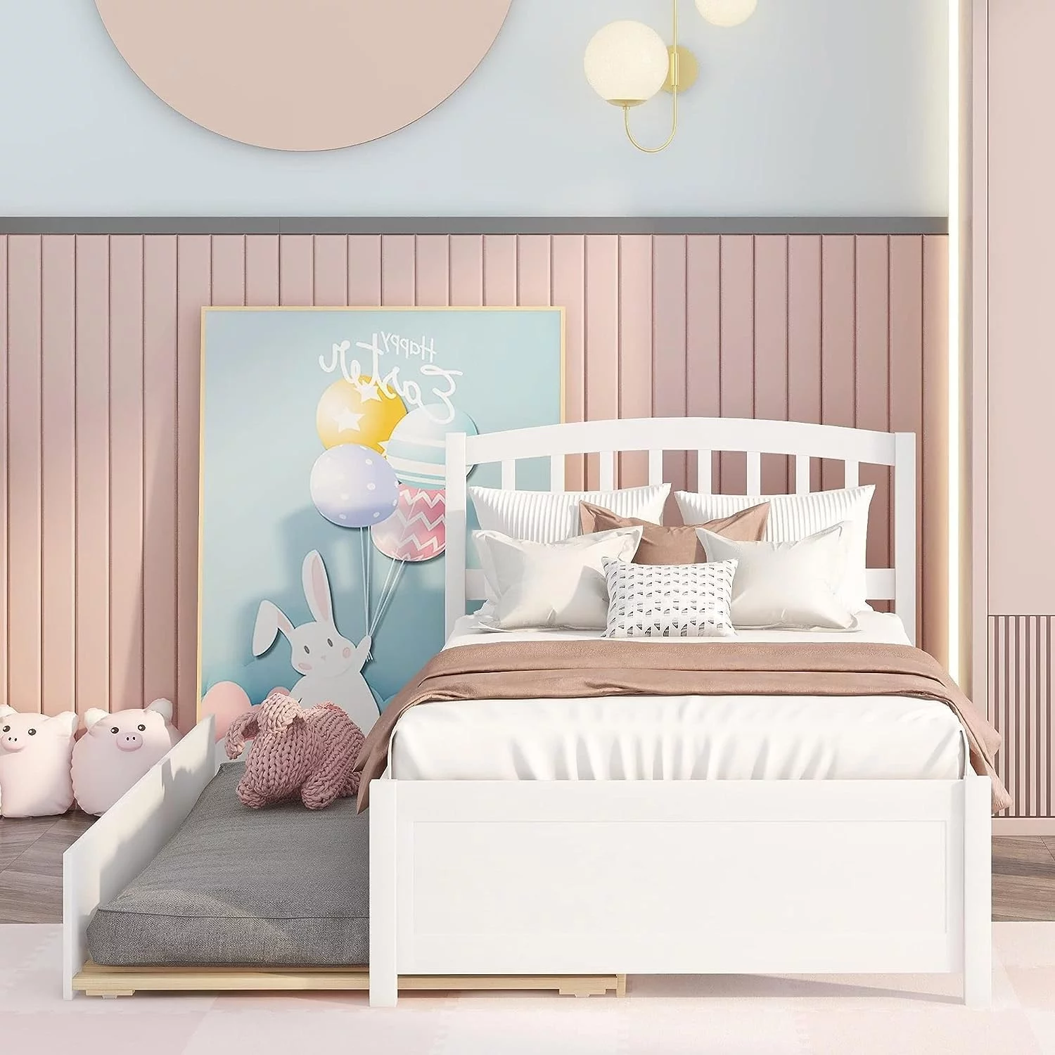 Bed Frame With Trundle, Bed Frame With Headboard, Wood Platform Bed With Pull Out Trundle For Kids, Guest Room,No Box Spring Needed,White