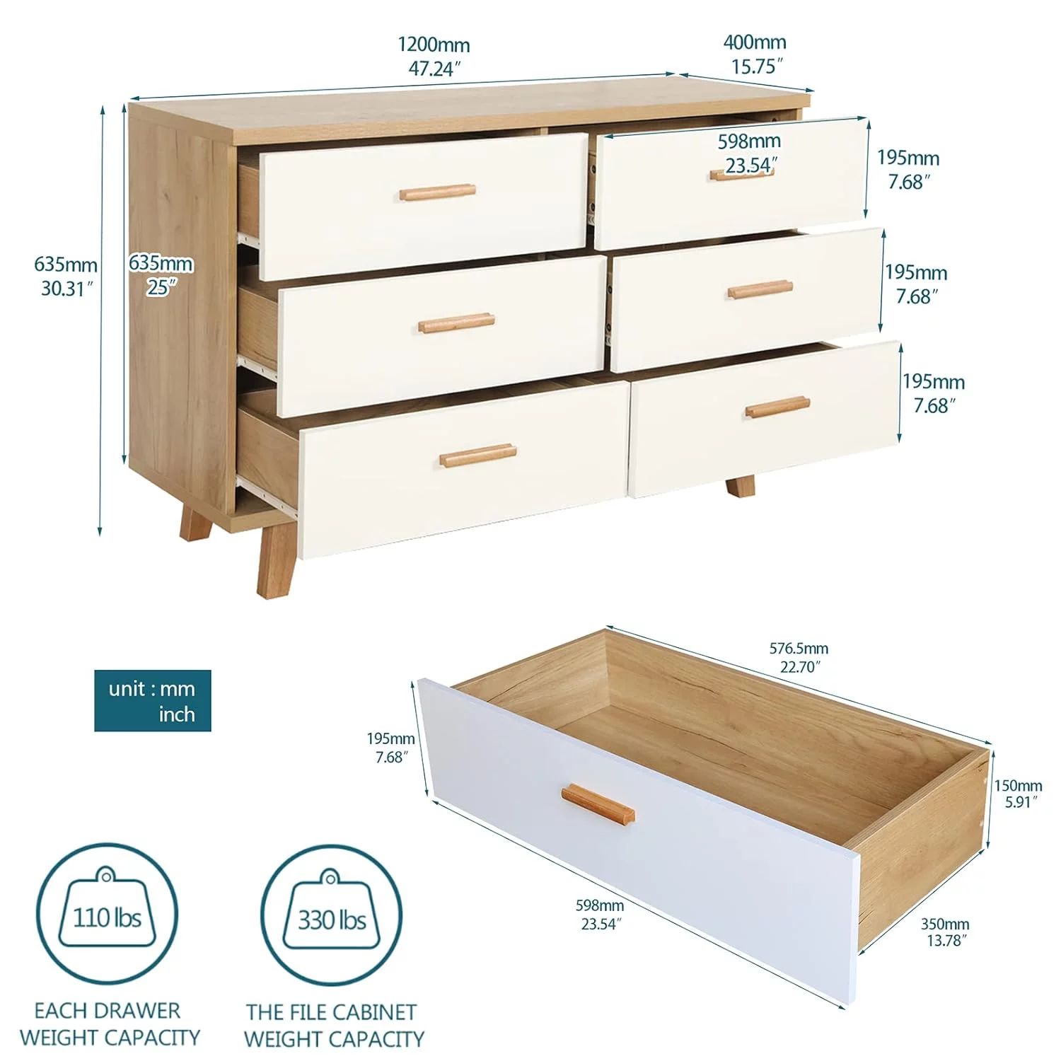 6 Drawers Double Dresser, Solid Wood Dresser Chest with Wide Storage Space, Modern Storage Tower Clothes Organizer, Large Storage Cabinet for Bedroom, Living Room, Hallway (Natural, White)