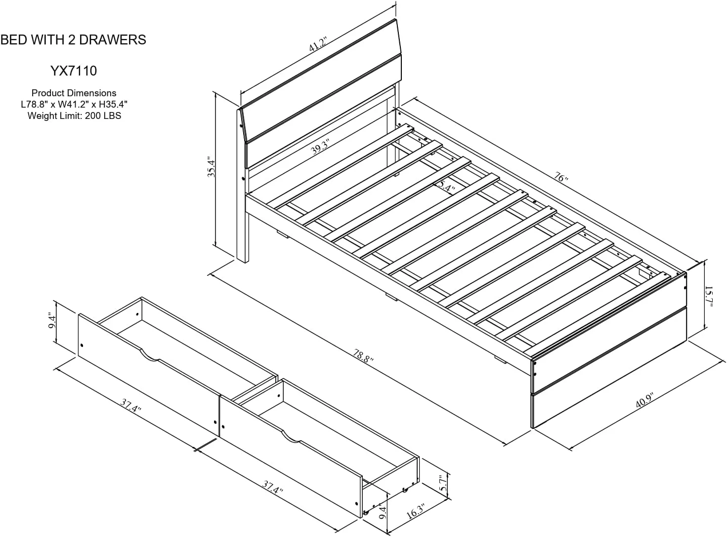 Moder Platform Bed With 2 Storage Drawers Ad Headboard, Size Bed Frame,Wood Slats Support For Boys/Girls/Adult Bedroom,White Ad Light Oak