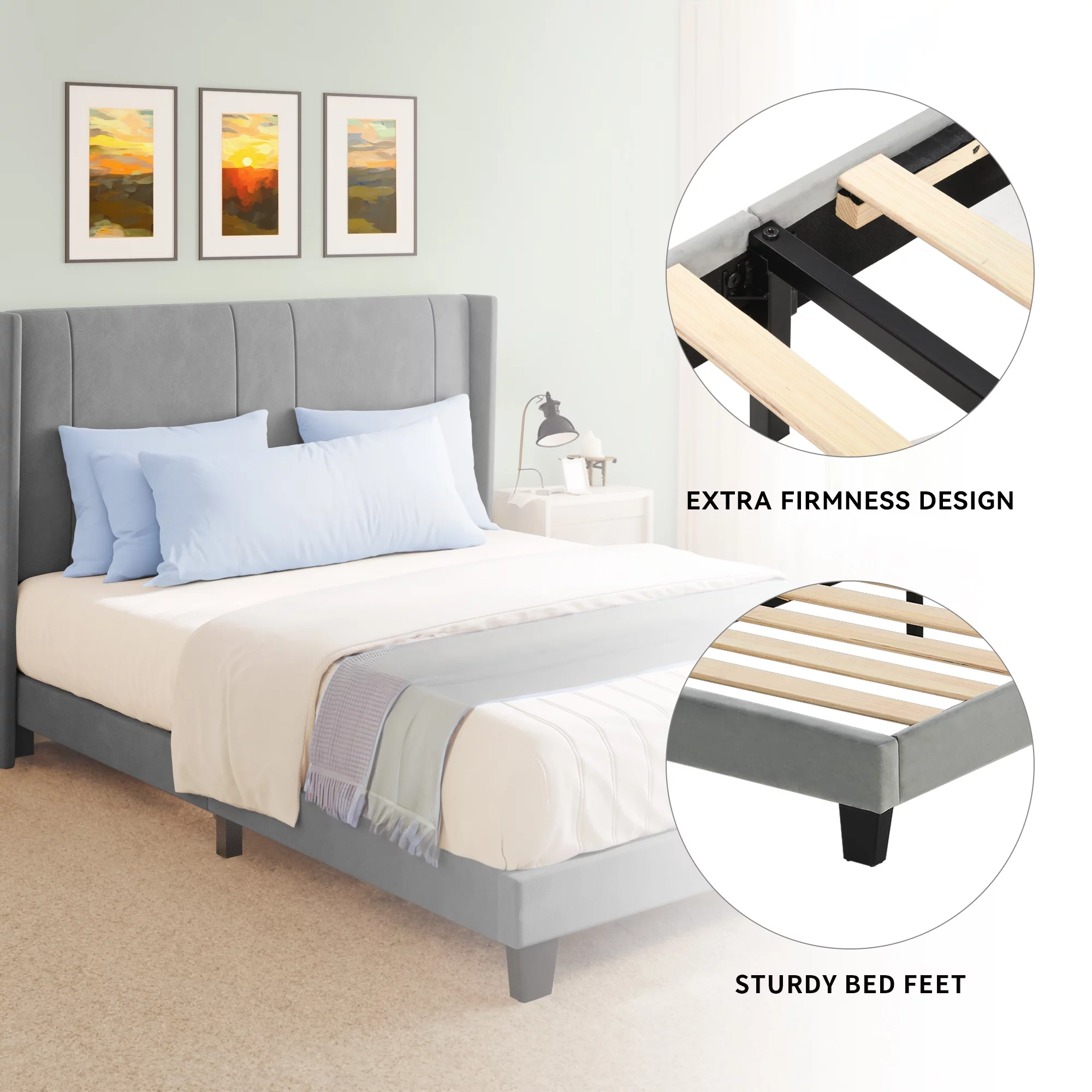 Dextrus Upholstered Wingback Platform Bed with Gray Velvet Headboard, Bed Frame with Wood Slat , Full Size
