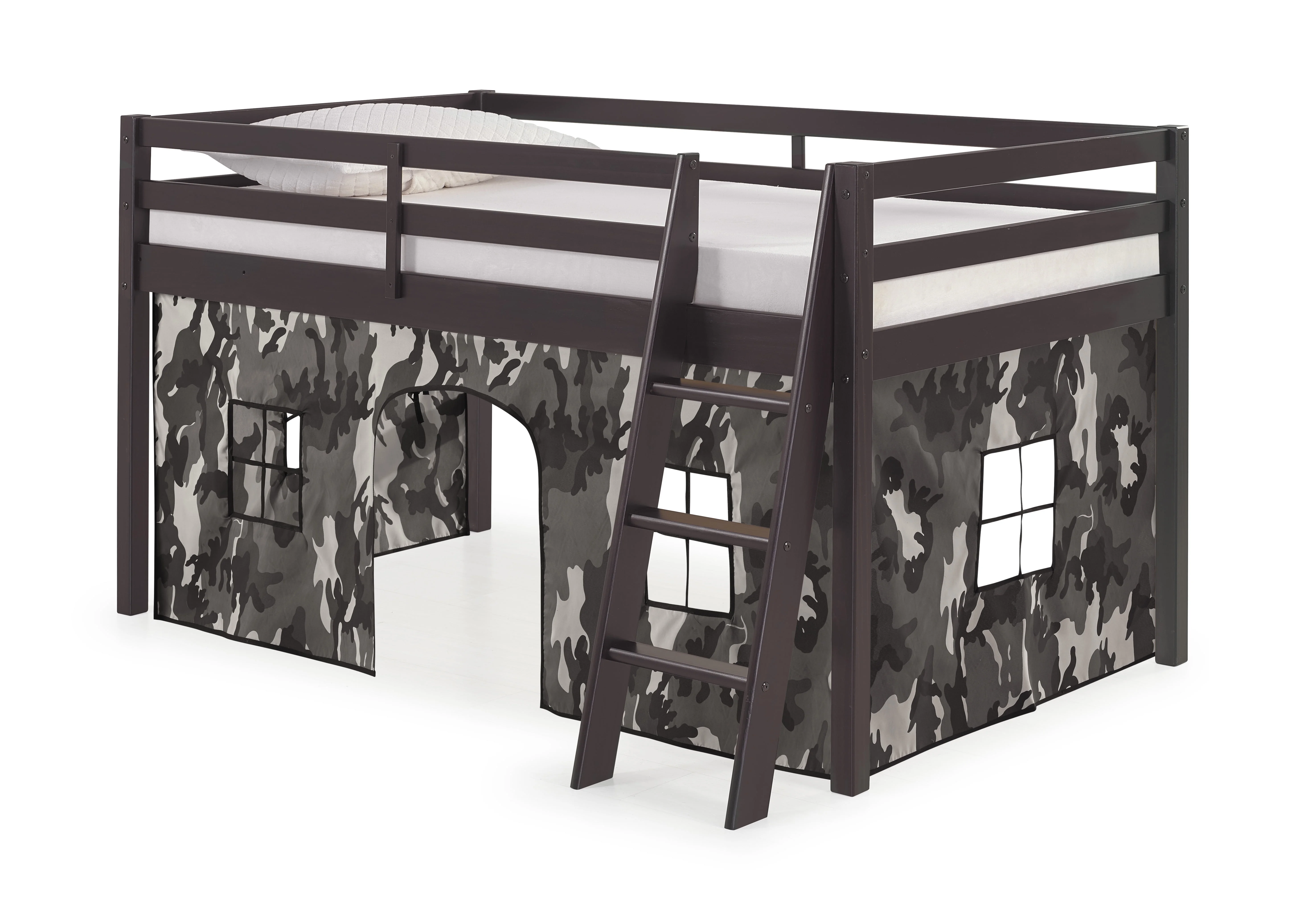 Roxy Twin Wood Junior Loft Bed with Espresso with Gray Camo Bottom Tent