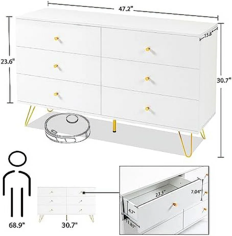 Dresser for Bedroom with 6 Drawers and Metal Handle Sturdy Frame Chest of Drawers White Dressers with Drawers for Closet Hallway Living Room Entryway