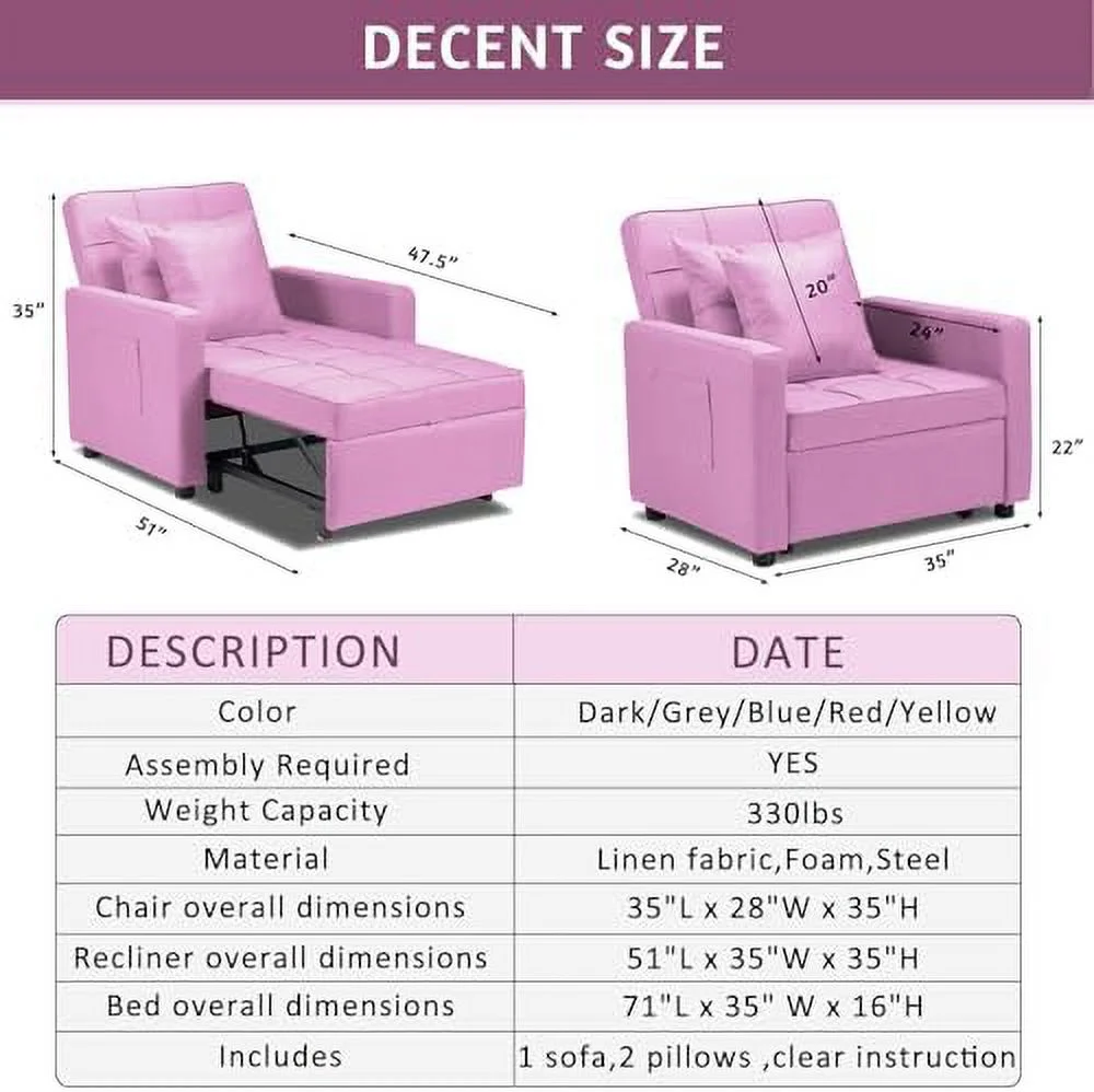 NLIBOOMLife Convertible Sleeper Sofa Chair Bed  3 in 1 Pull Out Sofa Bed Couch Sleeper with Pillow and Pocket  Adjustable Futon Chair Recliner Bed for Living Room Apartment Small Space (G