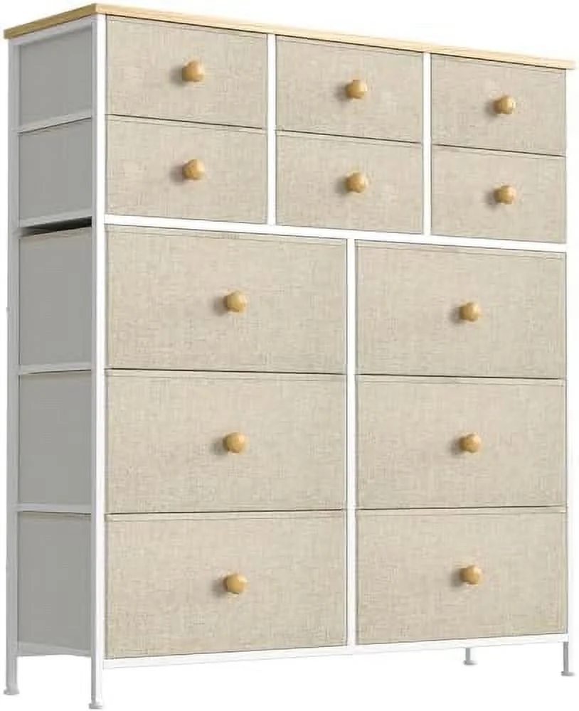 12 Drawer Dresser for Bedroom Chest of Drawers Closets Units Organizer Large Capacity Steel Frame Wooden Top Living Room Entryway Office (Taupe)