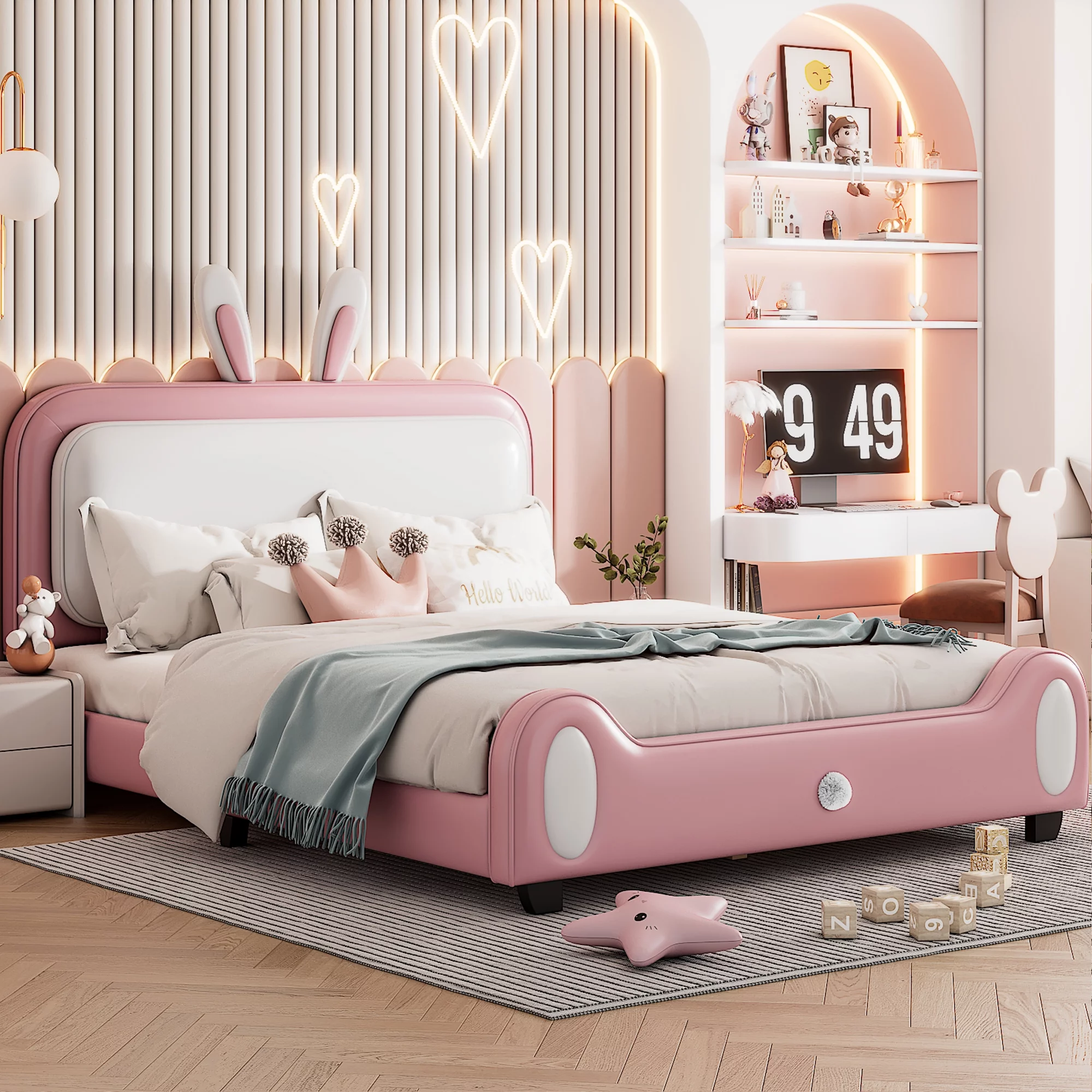 CoSoTower Full size Upholstered Rabbit-Shape Princess Bed ,Full Size Platform Bed with Headboard and Footboard,White+Pink