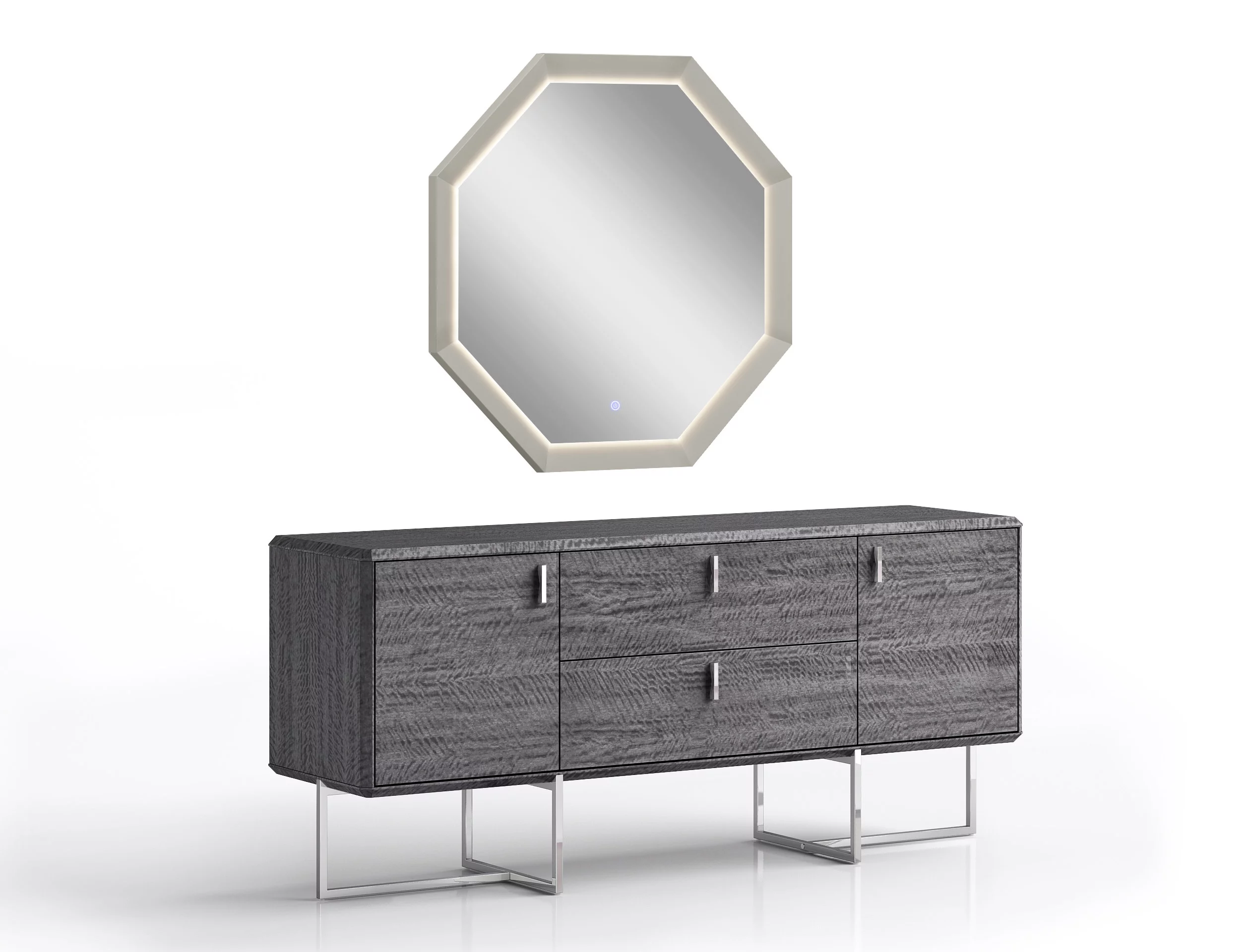 Chloe Dresser, High Gloss Grey, Two Self-Closing Drawers, Two Self-Closing Cabinets, Polished Stainless Steel Legs