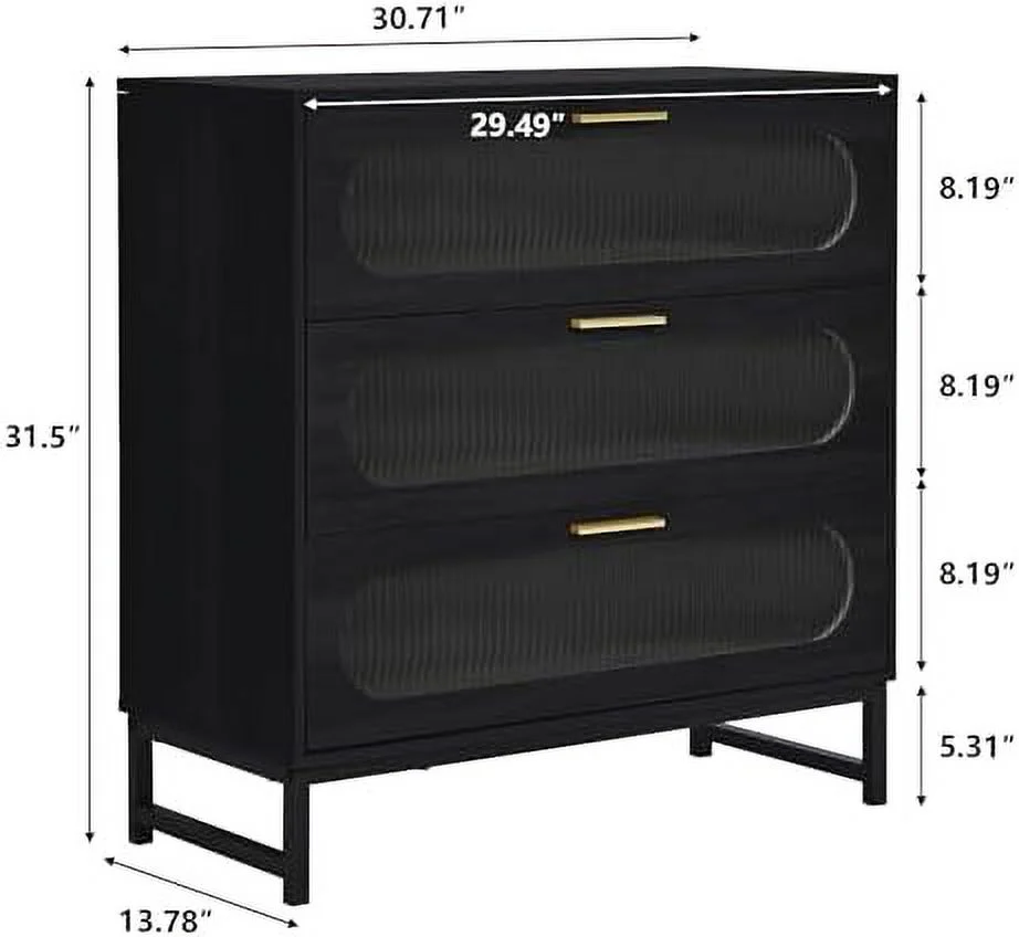 GEROBOOM 3 Drawer Dresser Small Dresser with Tempered Glass Drawer Design Modern Wood Dresser for Bedroom Home Office (Walnut)