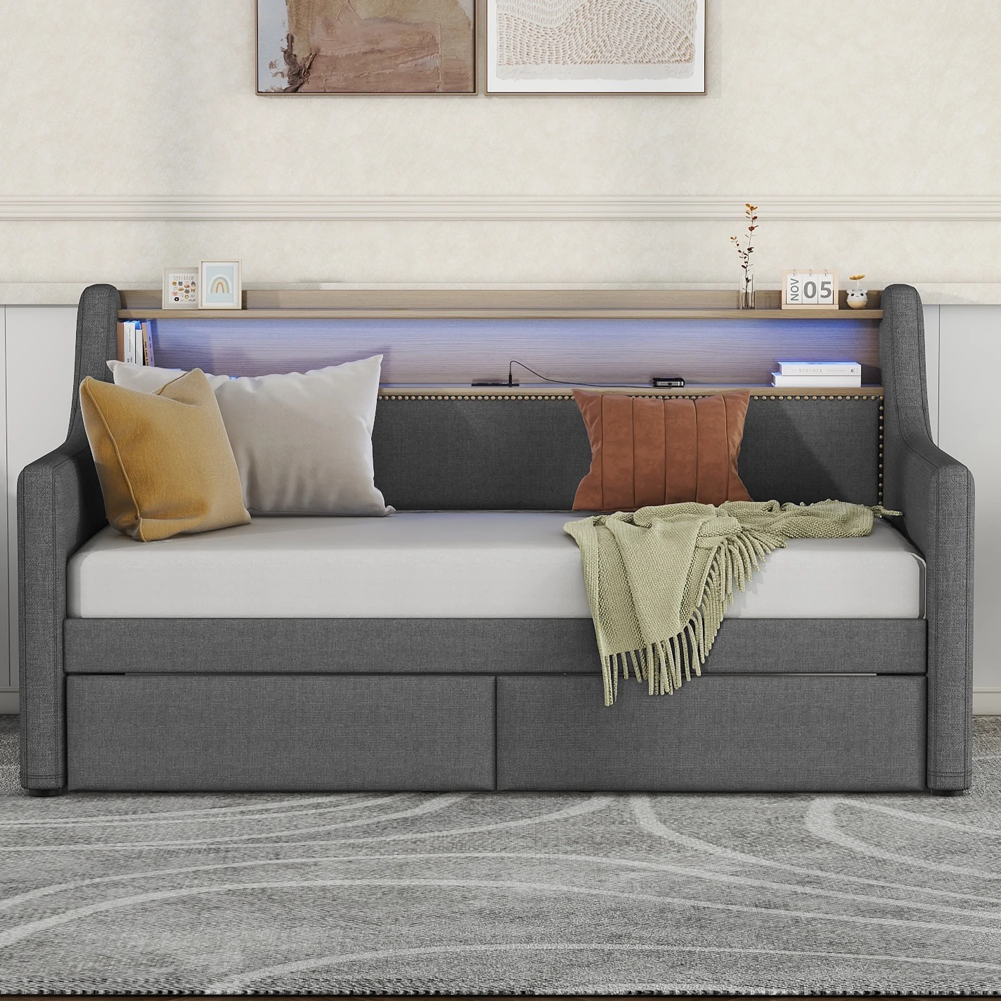 Bellemave Twin Size Daybed with Storage Drawers Linen Upholstered Daybed Frame with Charging Station and LED Lights Twin Sofa Bed with Shelf, Nailhead Trim and Wood Slats, Gray