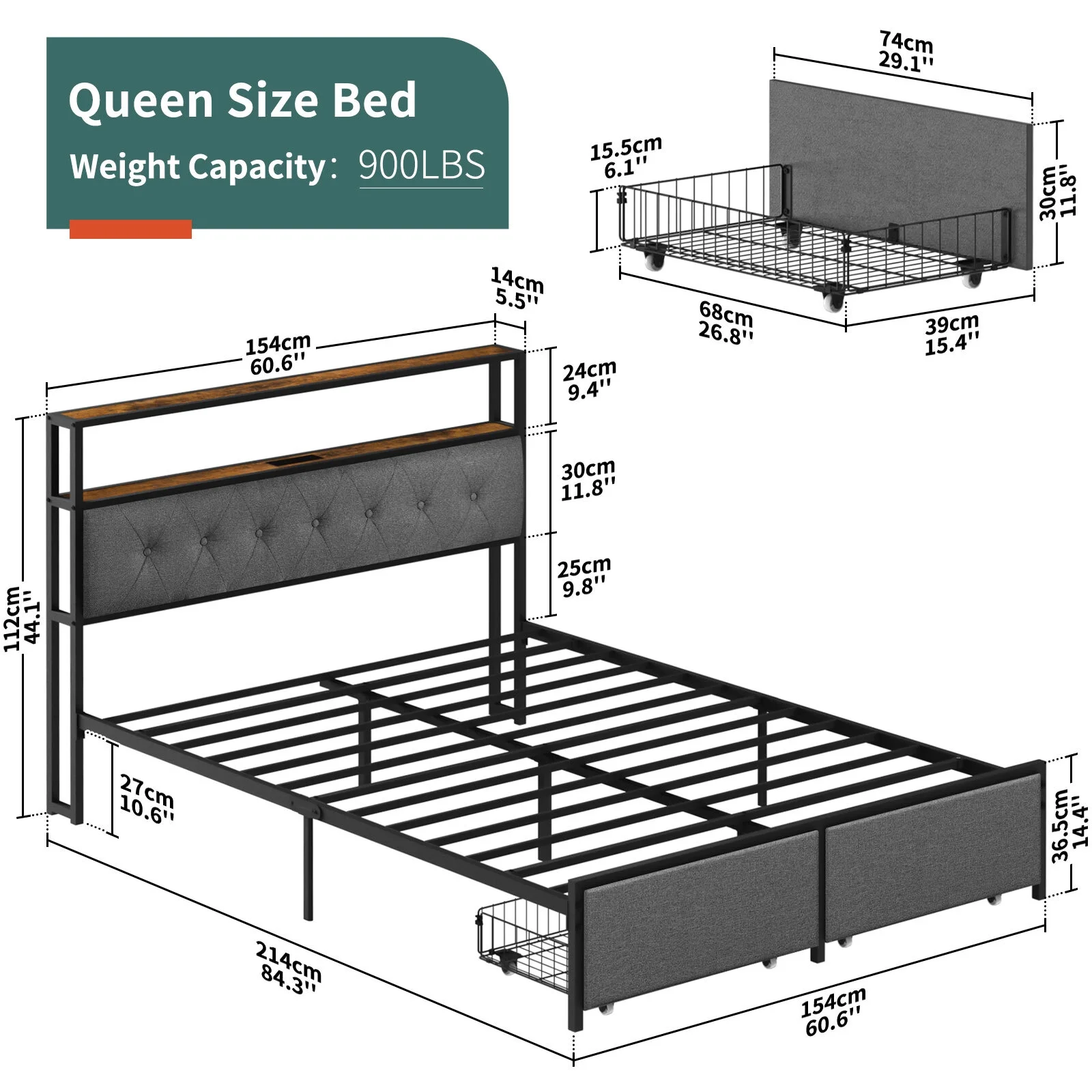 Yoobure Queen Bed Frame with Headboard, Metal Platform Bed Frame Queen Size, Heavy Duty Bed Frames with 2 Storage Drawers, Bedframe with Charging Station & LED Light, No Box Spring Needed, Noise Free