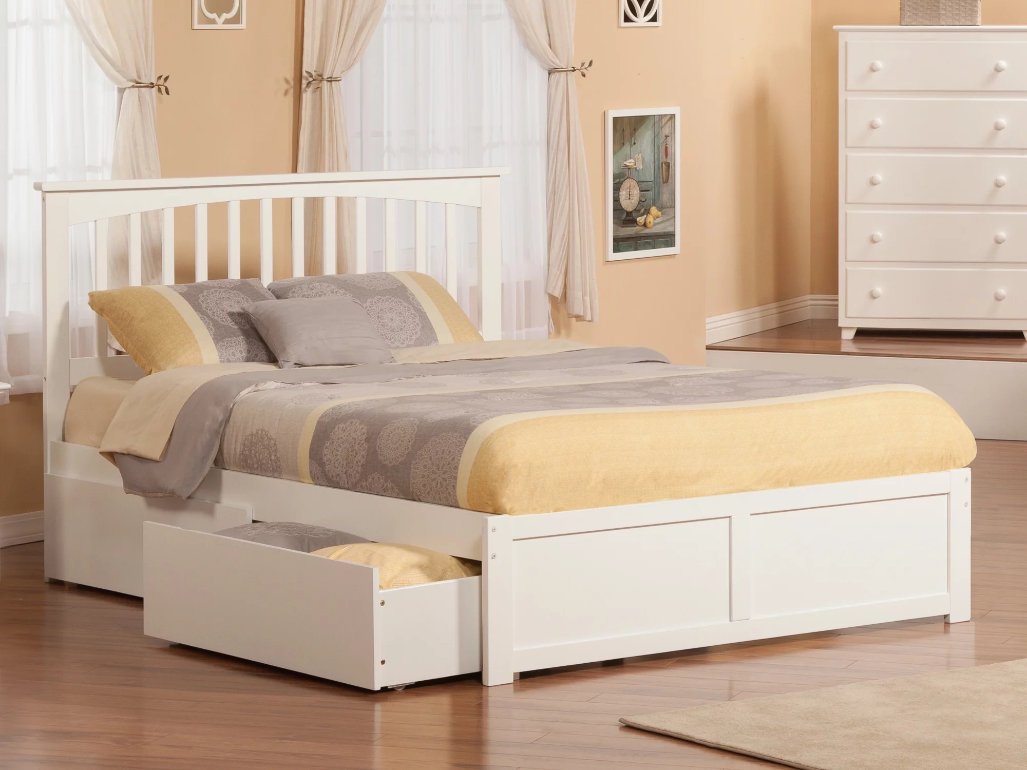 Mission Platform Bed with Flat Panel Foot Board and 2 Urban Bed Drawers in, Multiple Colors and Sizes