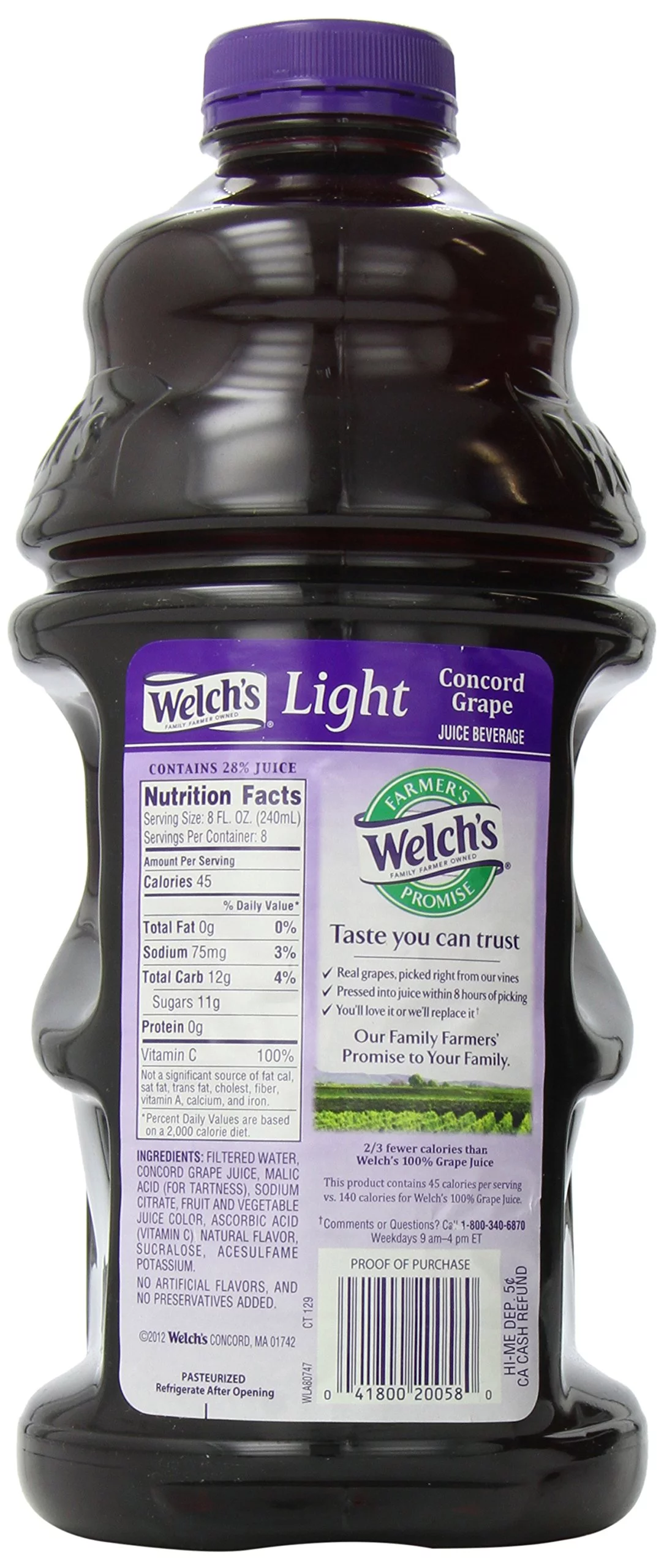 Welch's Light Juice, Concord Grape, No Sugar Added, 64 Ounce (Pack of 24)