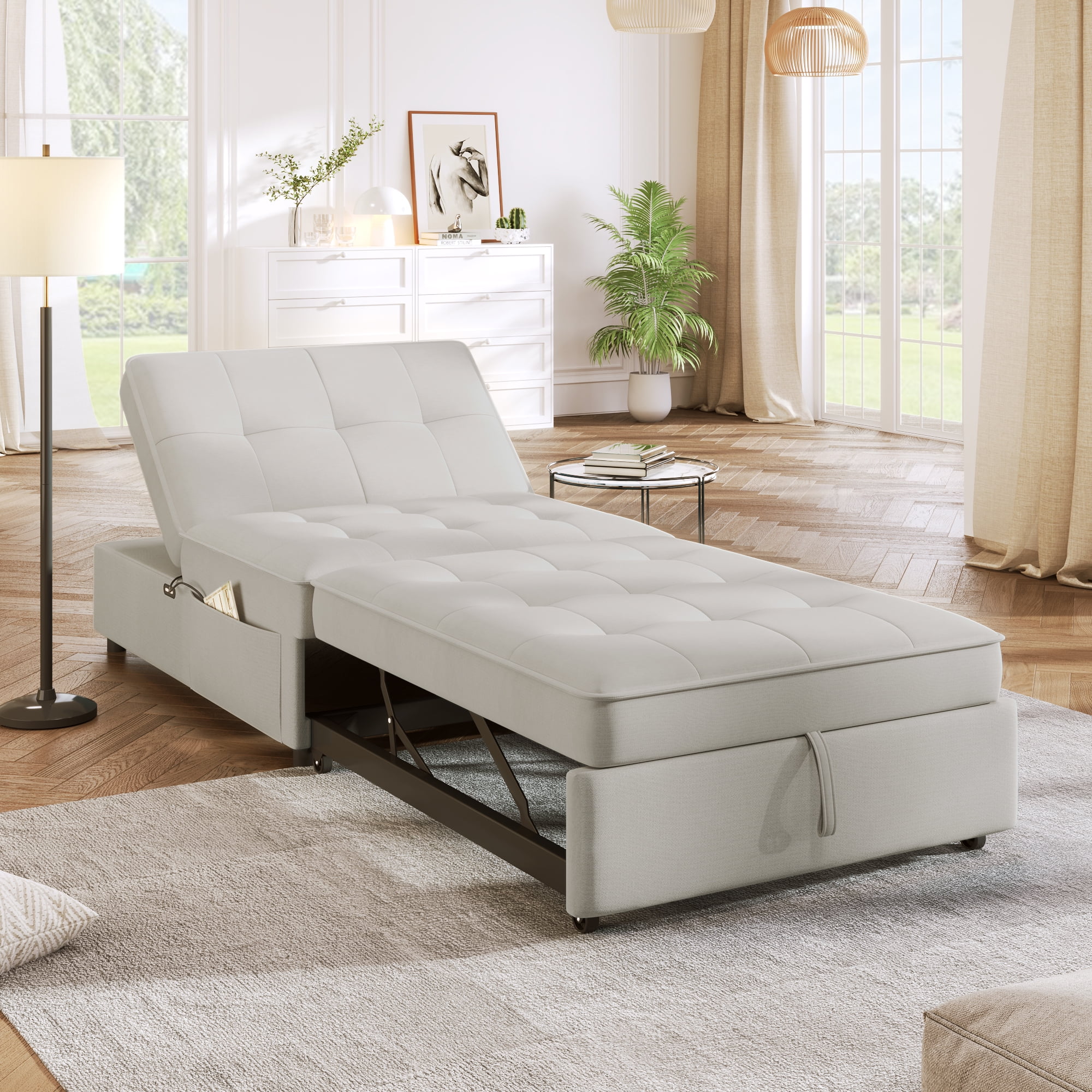 4-in-1 Sofa Bed, Chair Bed, Multi-Function Folding Ottoman Bed with Storage Pocket and USB Port for Small Room Apartment,Living Room,Bedroom,Hallway,Beige