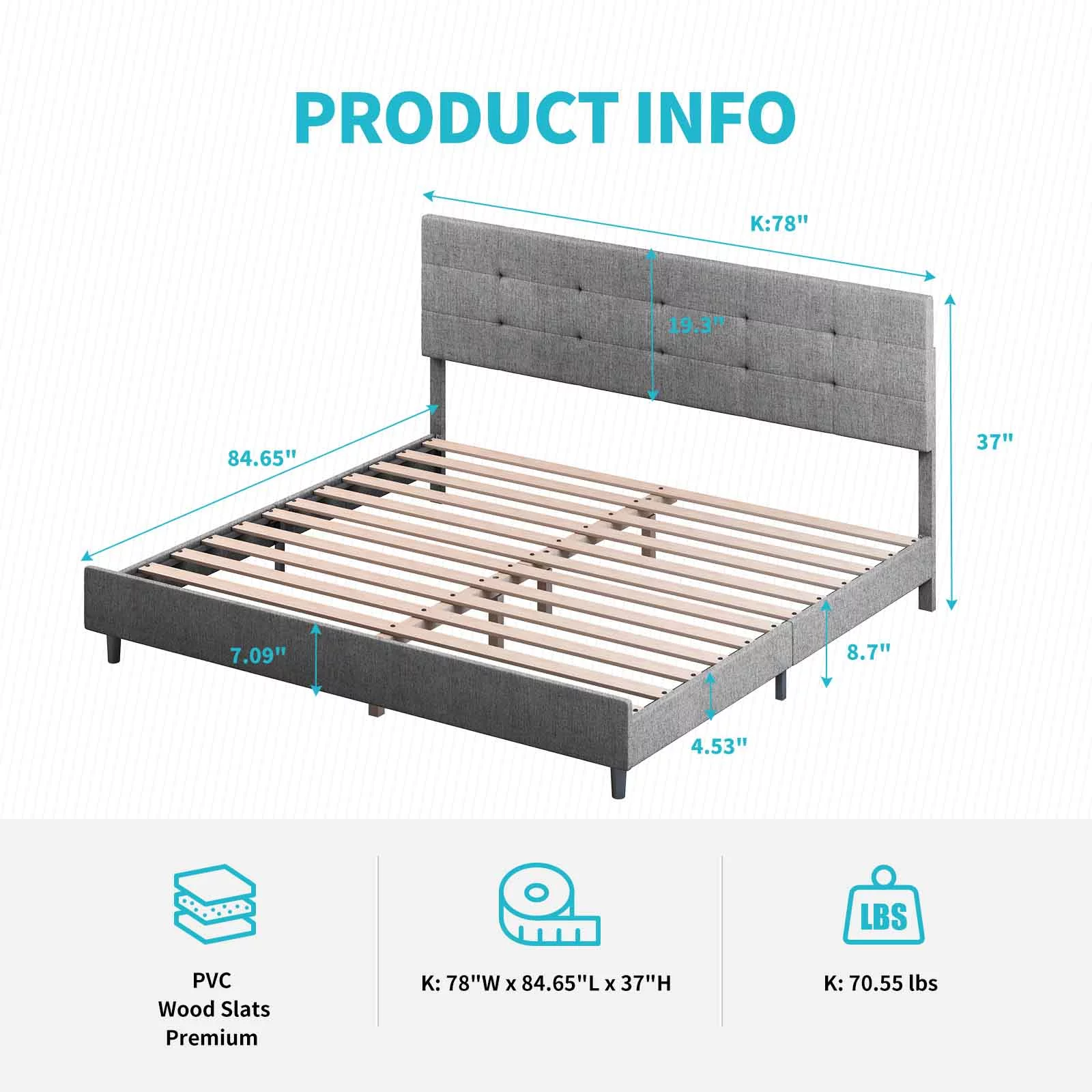 CECER King Size Bed Frame with Adjustable Upholstered Headboard, Platform Bed with Smart RGB LED Lights, No Box Spring Needed, Button-tufted Mattress Foundation for Bedroom Dark Grey