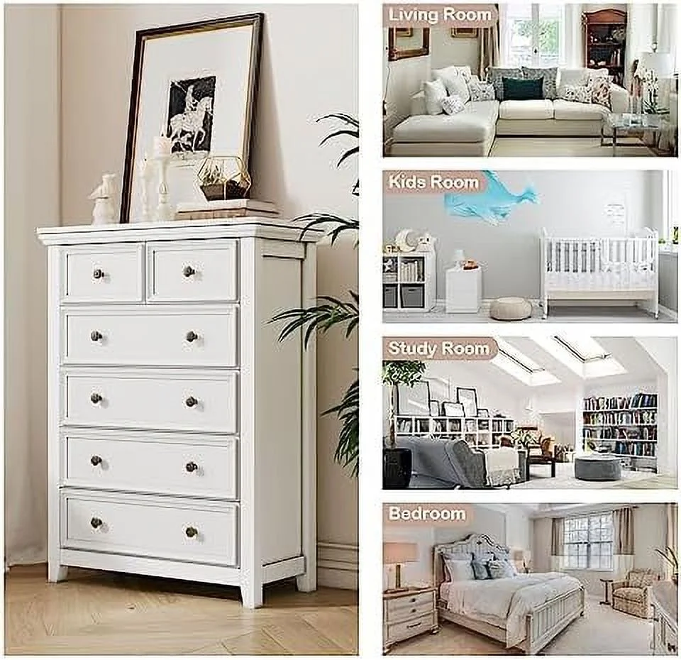 HBBOOMLIFE White Dresser for Bedroom  6 Chest of Drawer Dresser  Tall Nightstand with Deep Drawers  Modern Drawer Cabinet for Nursery  Living Room   Room Home Office