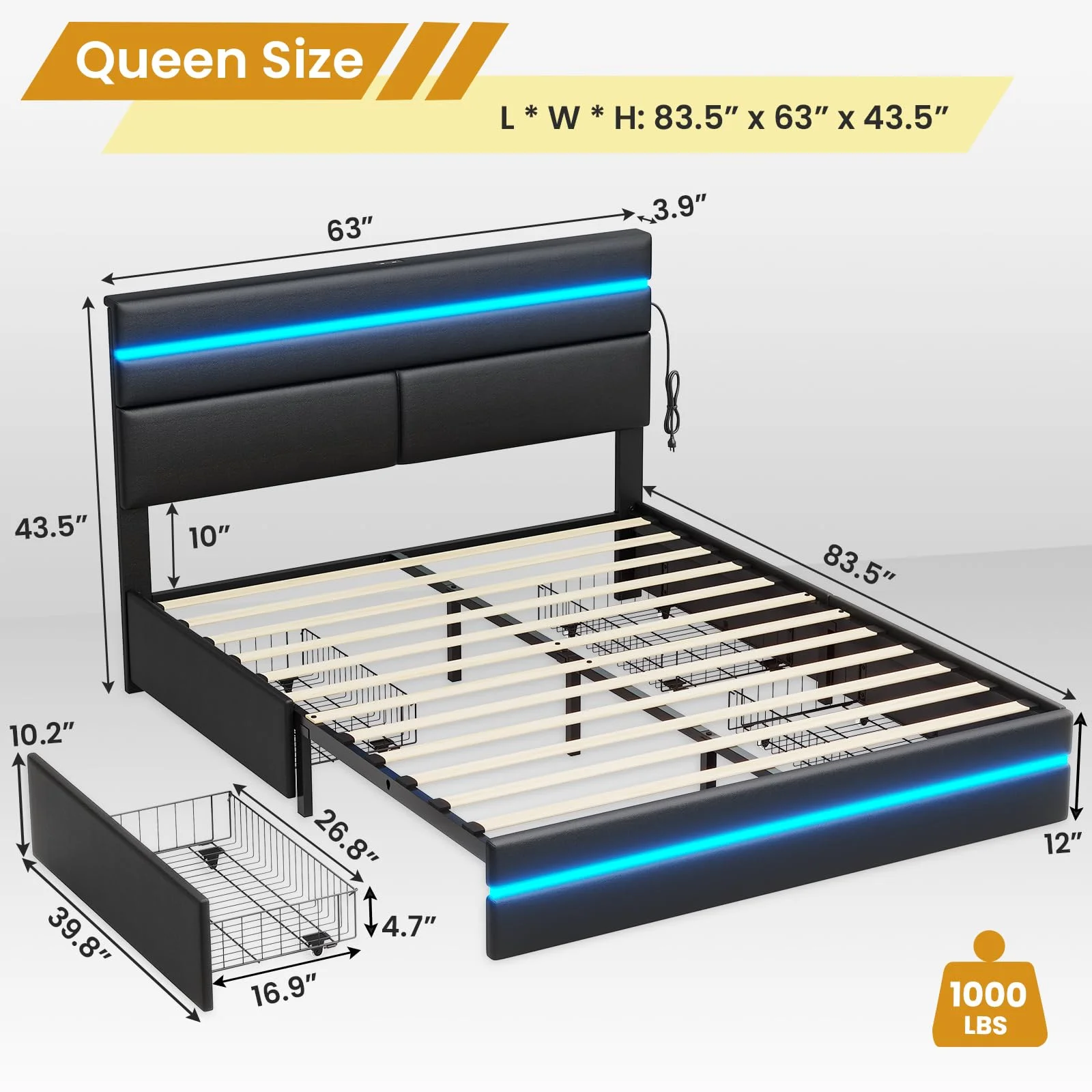 Afuhokles LED Queen Size Bed Frame with 4 Storage Drawers, Upholstered Platform Metal Bed Frame with Headboard, Black