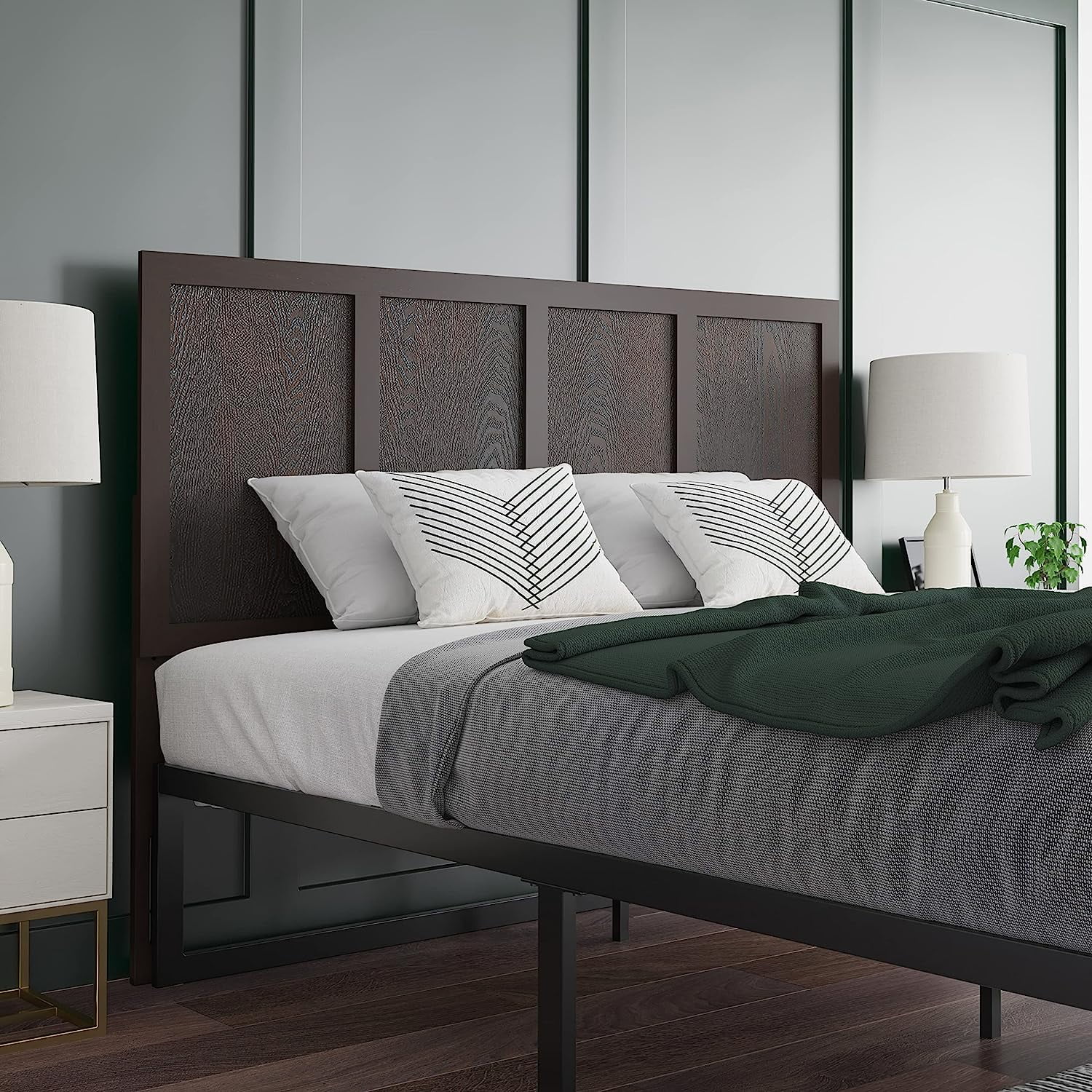Omar Queen Size Four Panel Wooden Adjustable Headboard In Dark Brown
