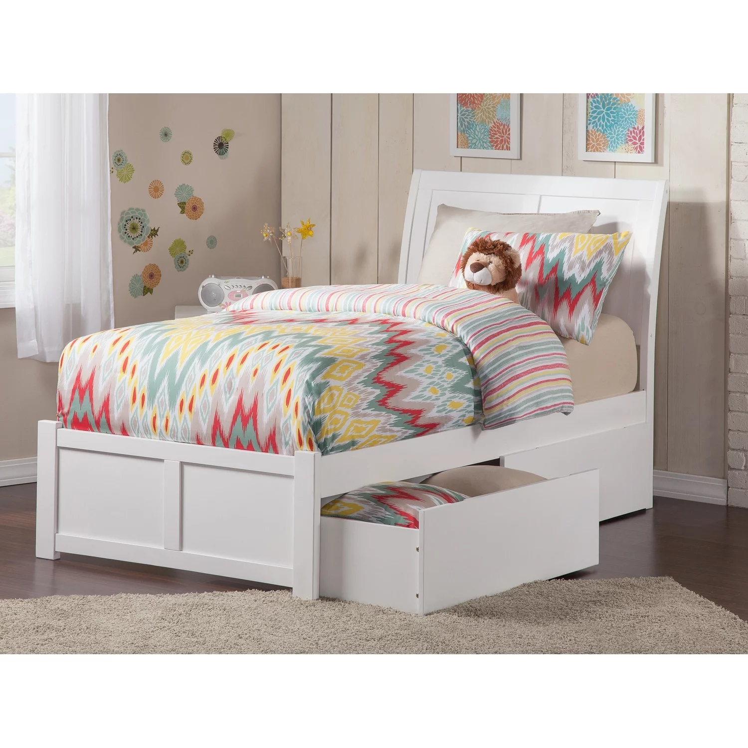 AFI Portland Twin Platform Bed with Footboard and 2 Drawers in White