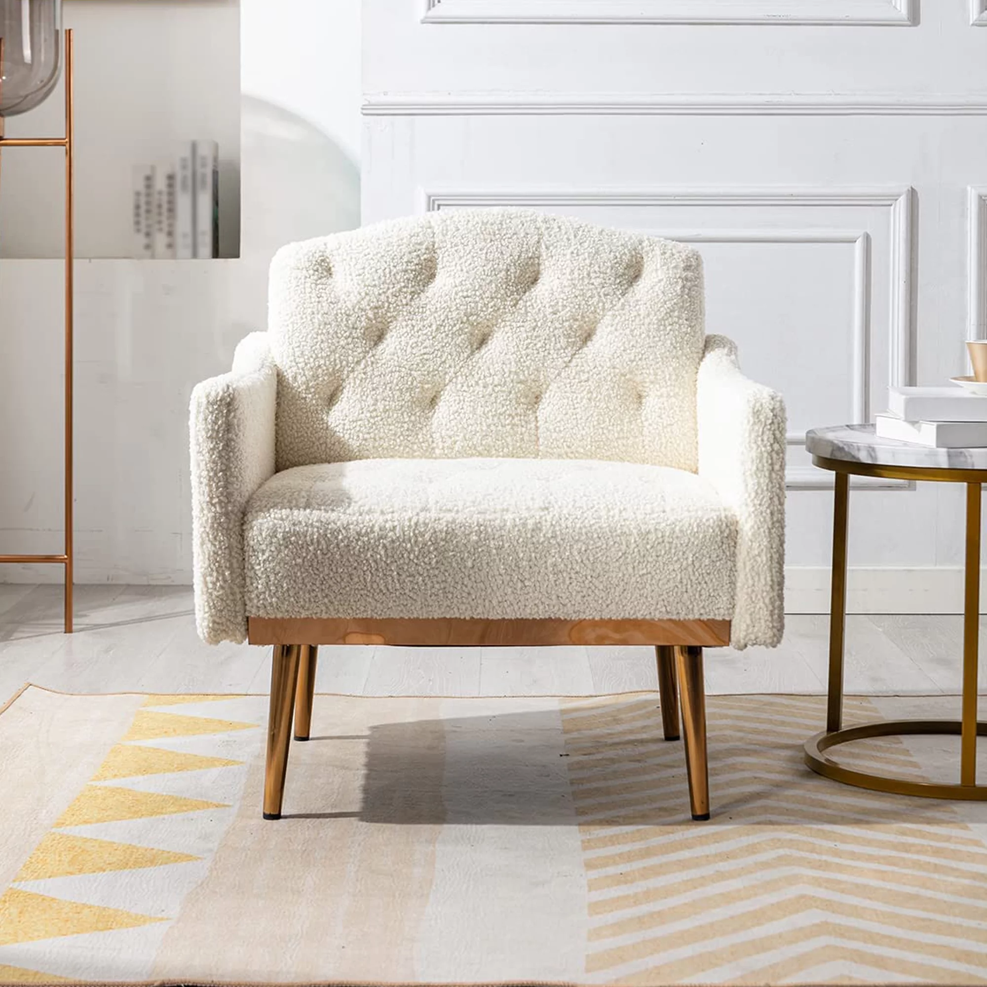 Muumblus Modern Accent Chair, Upholstered Single Sofa Chair Sherpa Arm Chair for Living Room and Bedroom, Comfy Armchair with Metal Legs, White