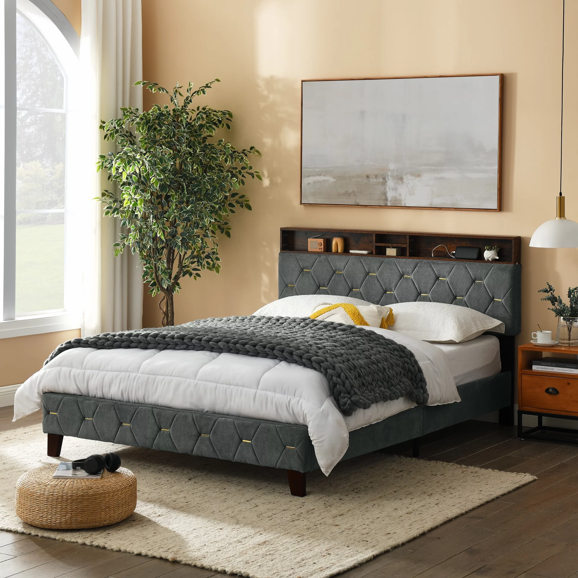 Queen Size Platform Bed Frame Upholstered Bed with Shelf Headboard, Wood Legs, Outlet & USB Ports, No Box Spring Needed-Gray