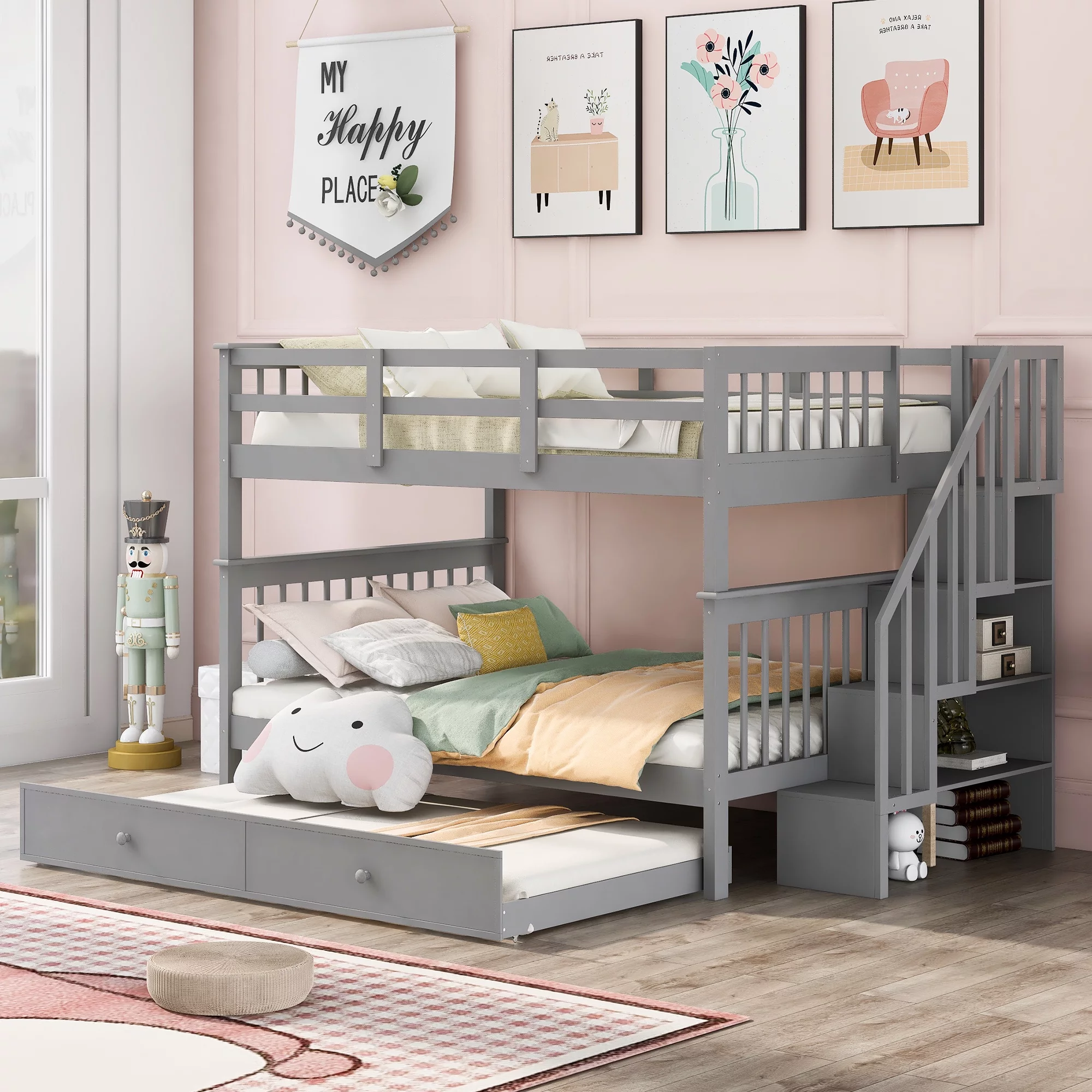 Full over Full Stairway Bunk Bed with Twin Trundle, Pine Wood Frame and Stairway with Storage and Guard Rails for Kids, Teens, Boys and Girls, No Box Spring Needed