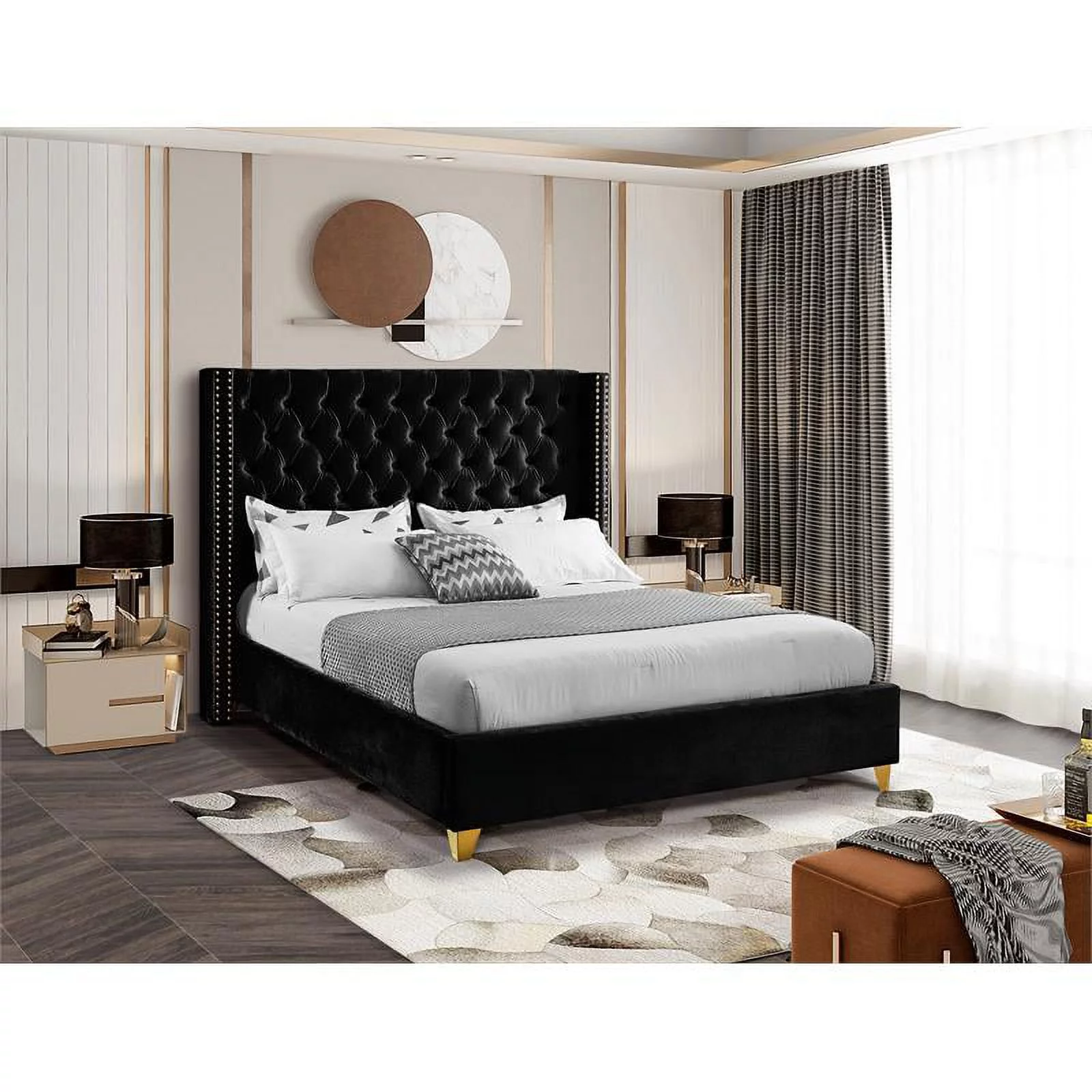 Maklaine Contemporary Upholstery Black Velvet Queen Bed
