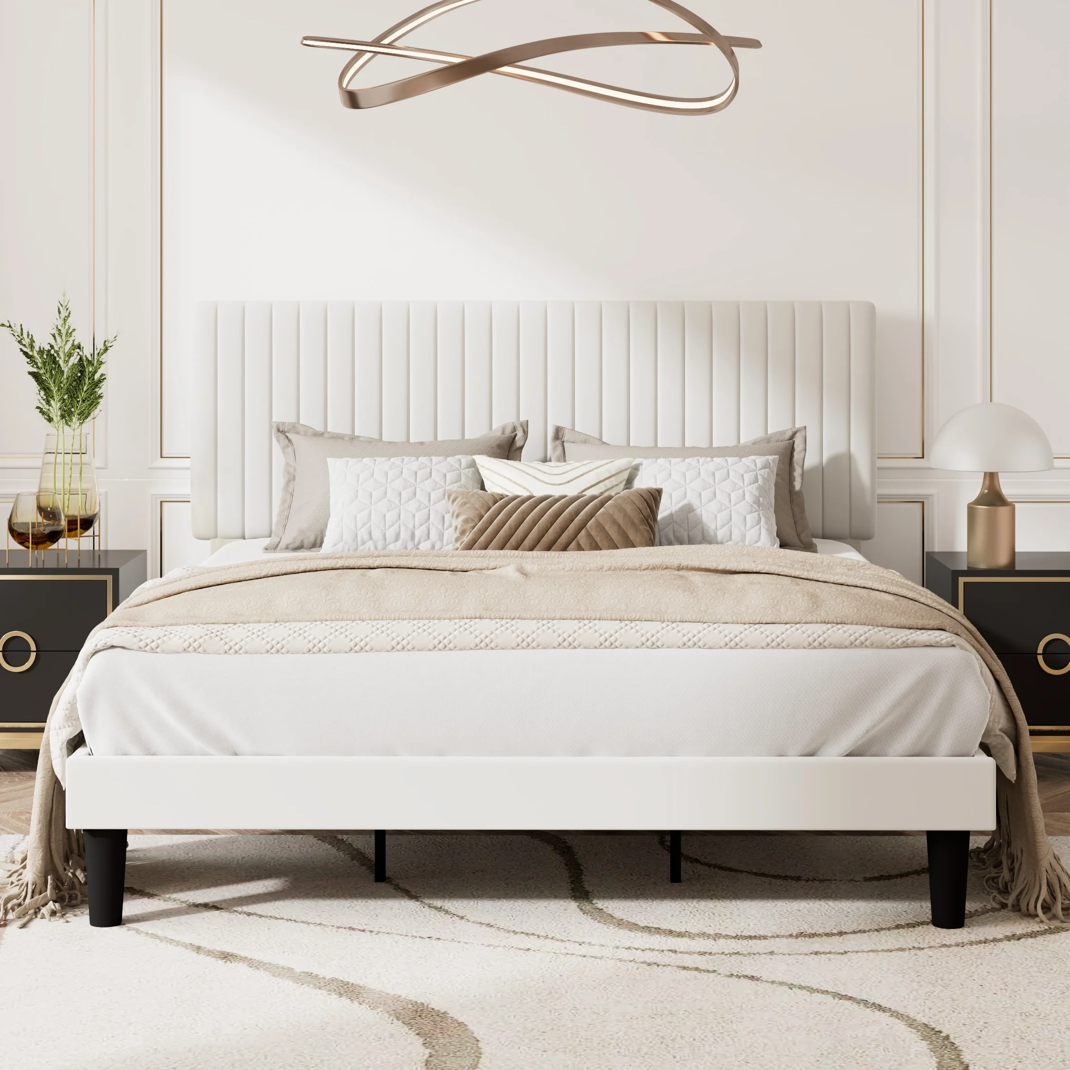 Amolife King Size Upholstered Platform Bed Frame with Vertical Channel Tufted Velvet Headboard, Off-White