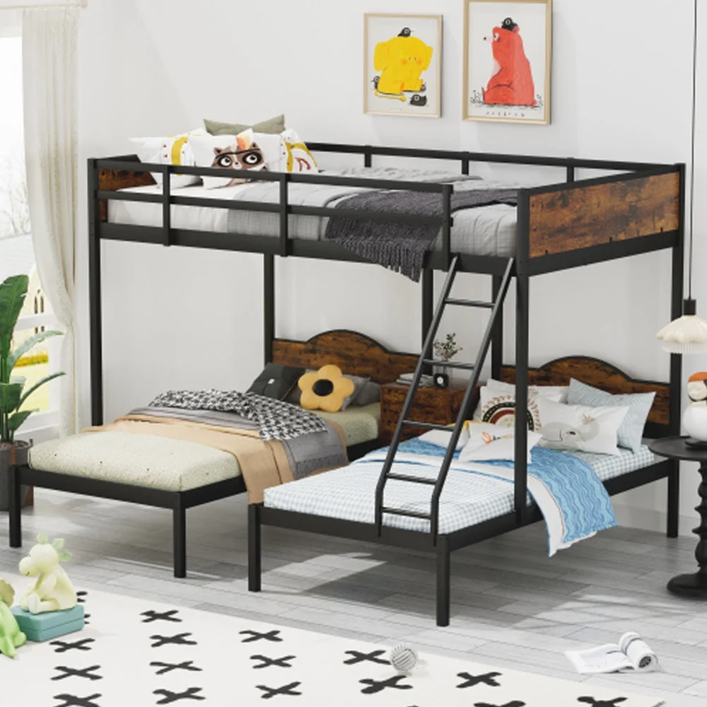 Full Over Twin & Twin Bunk Bed Metal Triple Bed With Nightstand and Guardrails - Black & Brown