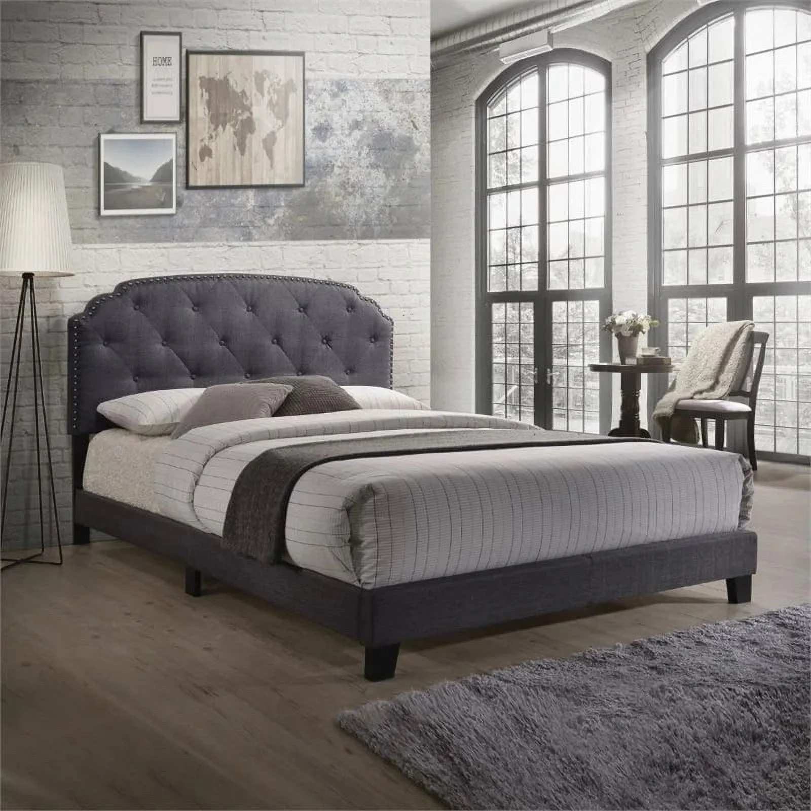 Bowery Hill Traditional Upholstered Queen Panel Bed in Gray with Padded Fabric Headboard