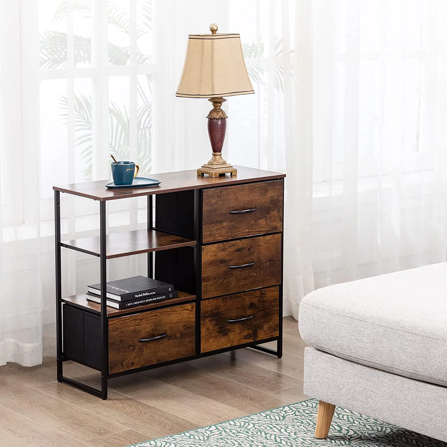 Duhome Storage Dresser for Bedroom Wood Chest of Drawers, 4 Drawer Dresser Fabric Dresser Side Table with Wood Top Metal Frame Indusrial, Rustic Brown