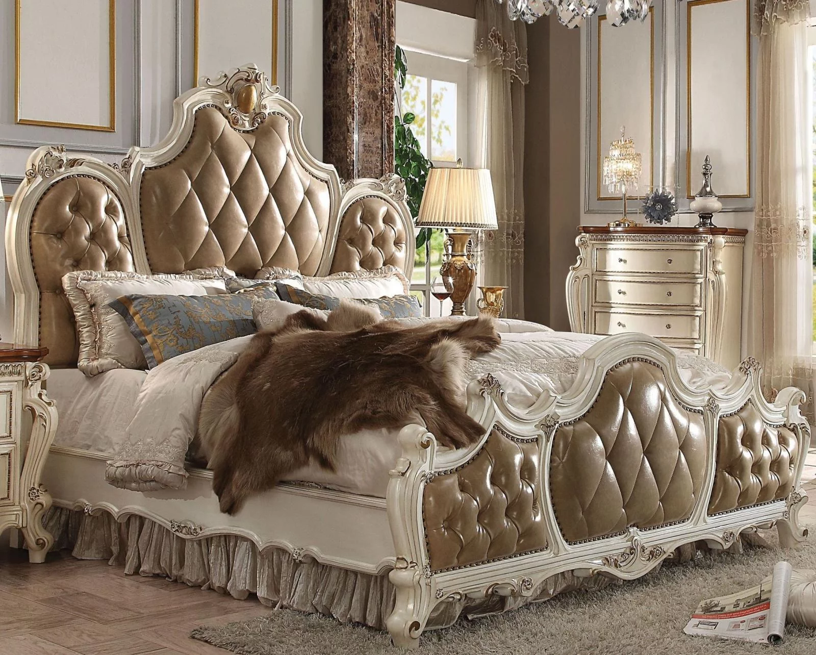 Acme Furniture 26900Q Picardy Antique Pearl & Brown Upholstered Queen Bed Set 3P