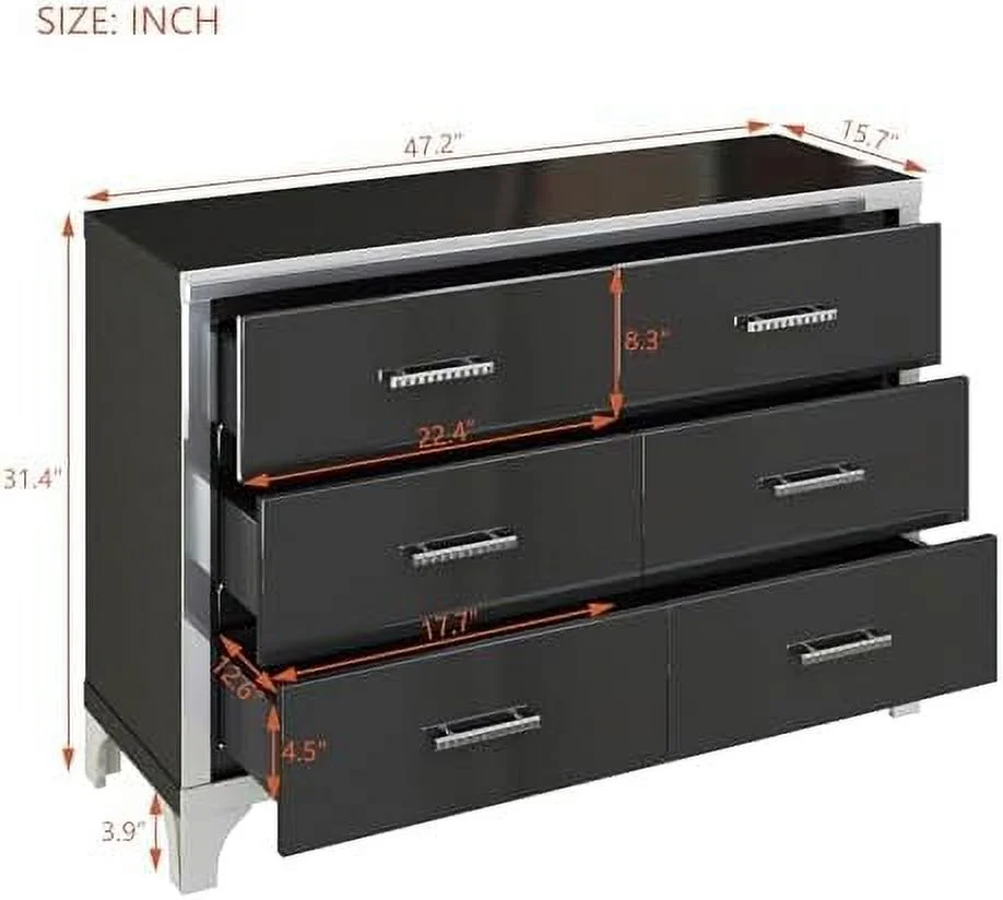 GEROBOOM Modern Mirrored 6-Drawer Dresser High Gloss Wooden Dresser with Metal Handles for Bedroom Living Room Mirrored Silver Frame Black