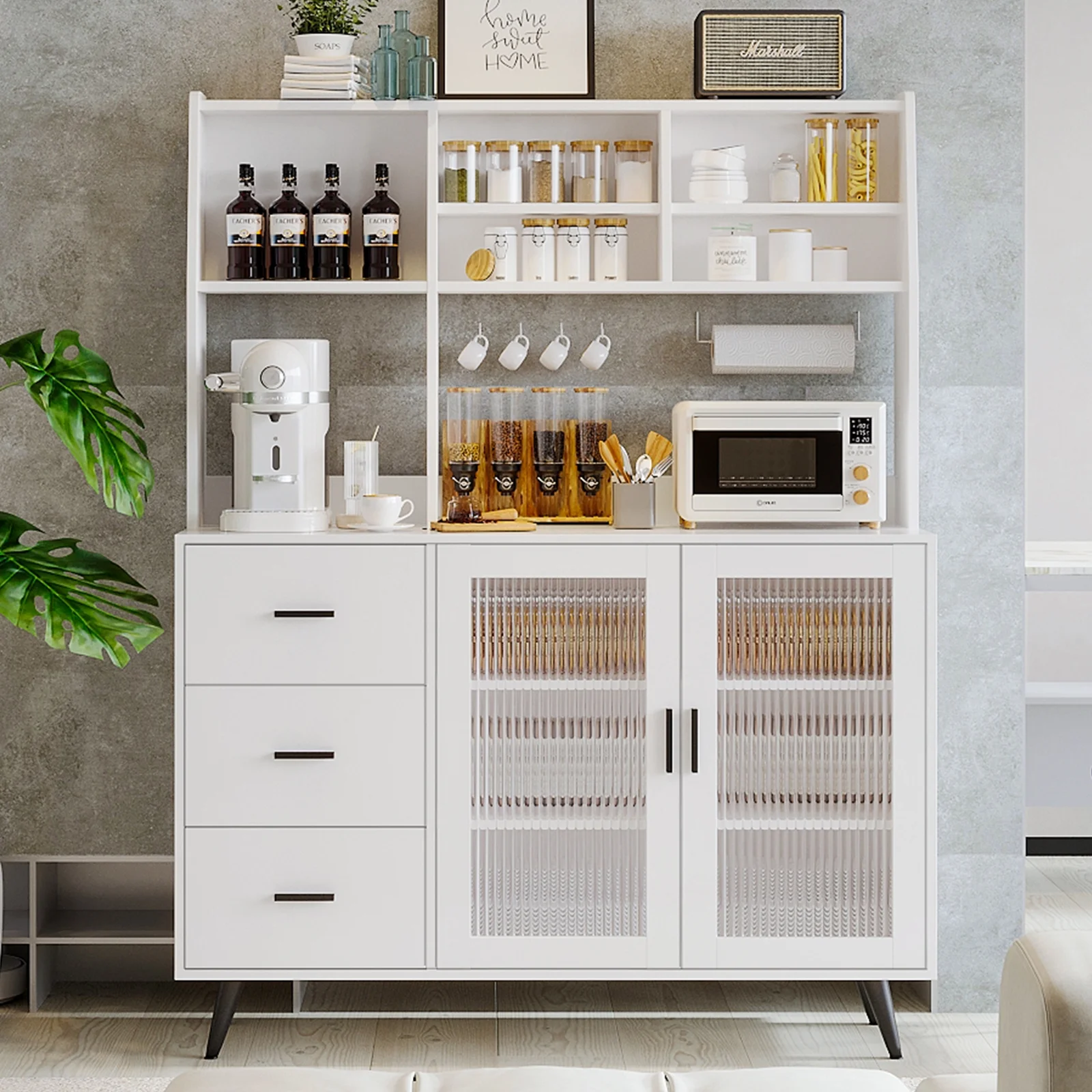 RichYa Kitchen Hutch Storage Cabinet, Freestanding Kitchen Pantry with Glass Doors and 3 Drawers for Dinning Room, Living Room, White